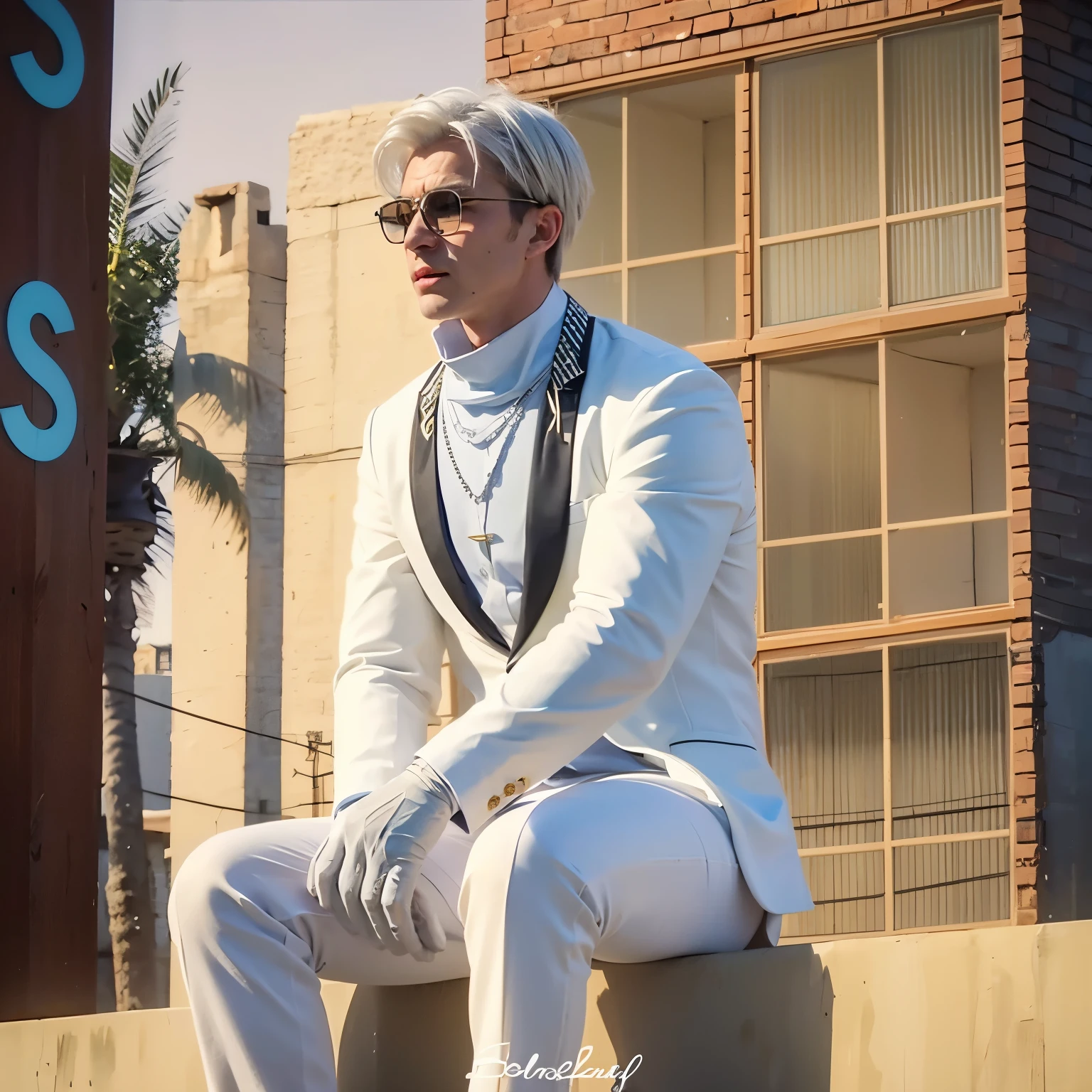 A man in a white suit with white hair wearing a necklace, white gloves, and white glasses, in a realistic portrait style. The image quality should be the best with a resolution of 4k and a photorealistic effect.