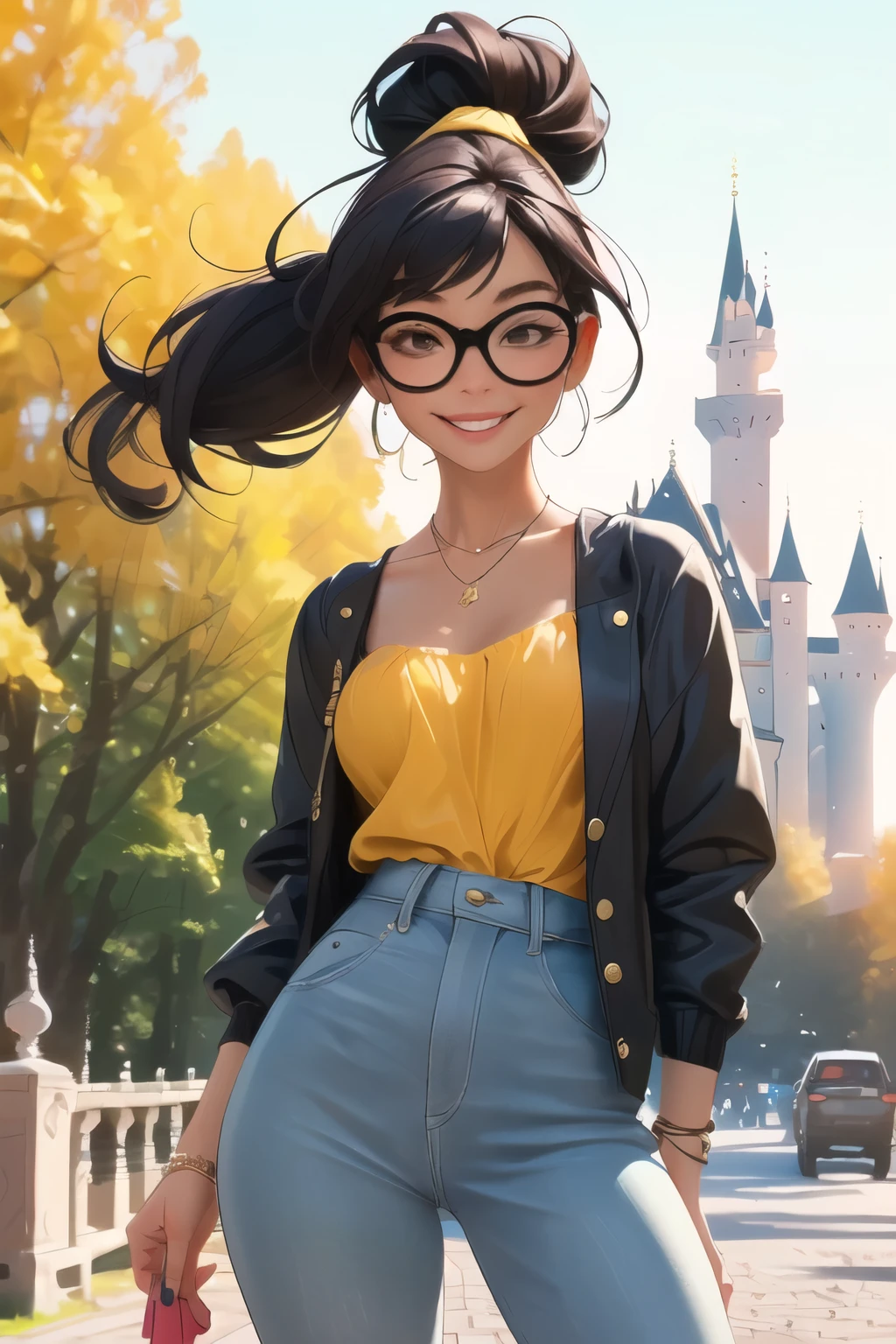 ((wide angle shot)) beautiful female tourist, black hair tied in a ponytail, bangs, wearing large glasses, smiling at the corners of the mouth, ((wearing Minimal dressing style)) morning light, Neuschwanstein Castle, country Germany