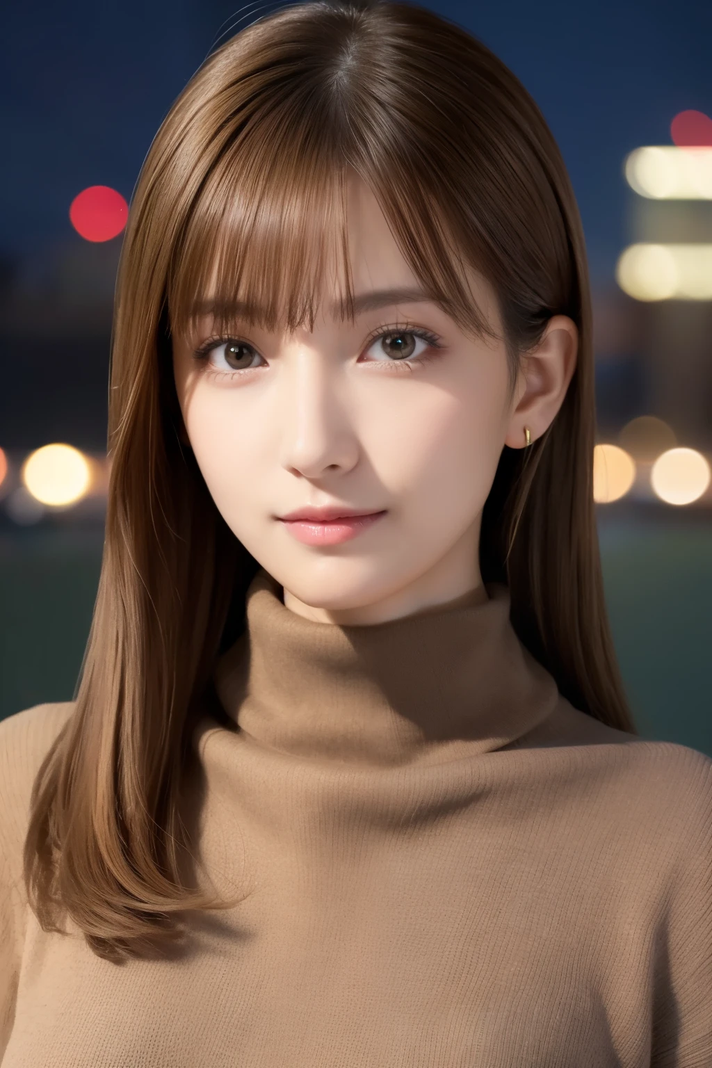 one 19 year old girl, (Dark yellow turtleneck thin sweater), Raw photo, highest quality, photorealistic, very delicate and beautiful, very detailed, 8K wallpaper, High resolution, soft light, very detailed目と顔, beautifully detailed nose, detailed and beautiful eyes, cinematic lighting, night city lights, perfect anatomy, slender body, well-shaped chest, straight hair, smile, asymmetrical bangs, light brown hair