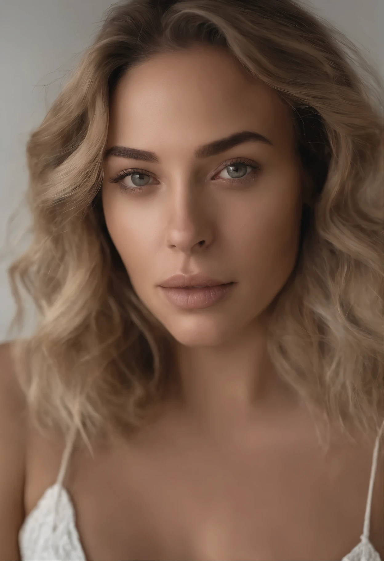 Arafed woman completely , fille sexy aux yeux bleus, ultra realist, Meticulously detailed, Portrait Sophie Mudd, cheveux blonds et grands yeux, selfie of a young woman, Yeux de chambre, Violet Myers, sans maquillage, maquillage naturel, looking straight at camera, Visage avec Artgram, Maquillage subtil, Great photo of the whole body kneeling on the bed, dans la chambre, Medium to large bust