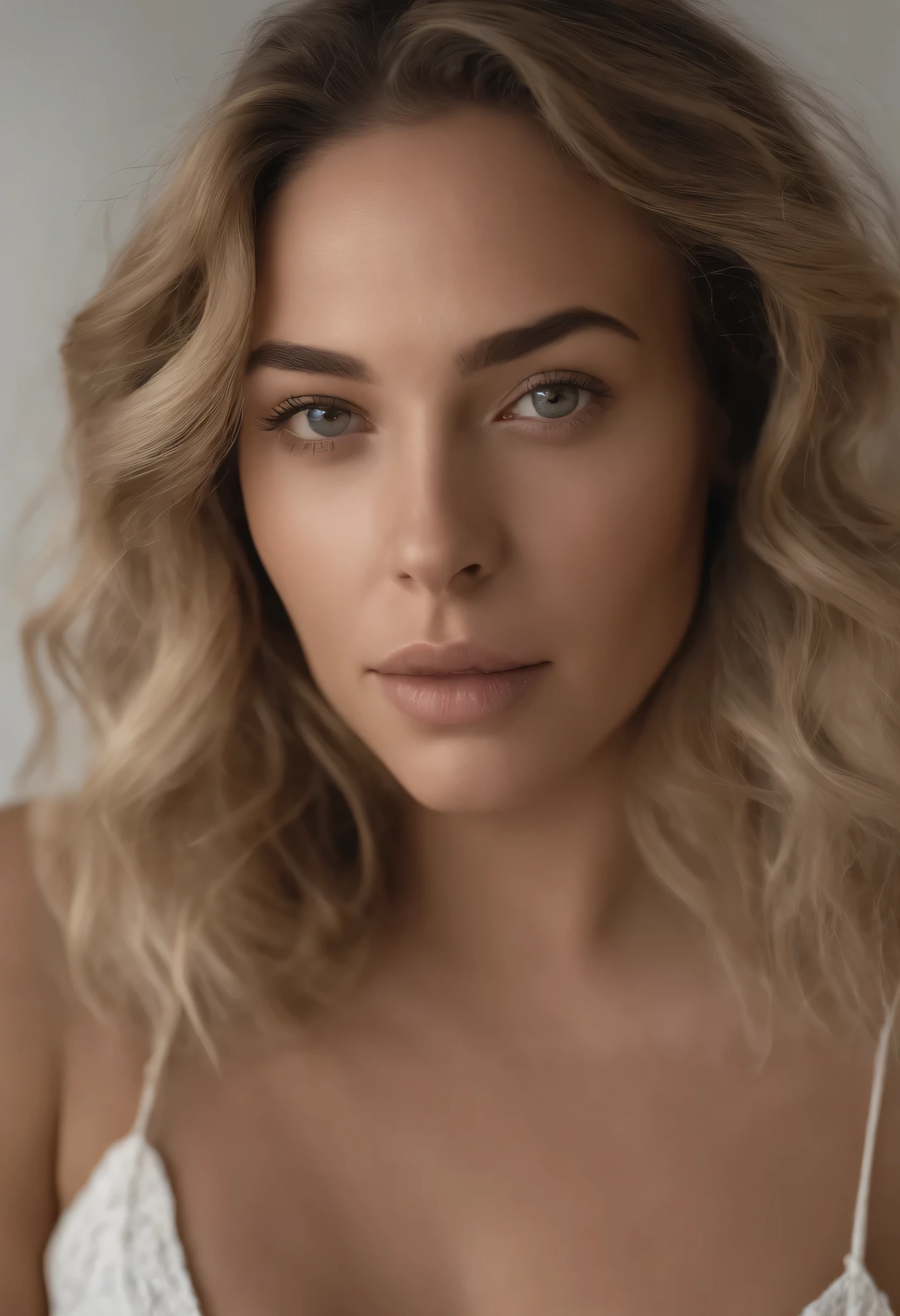 Arafed woman completely , fille sexy aux yeux bleus, ultra realist, Meticulously detailed, Portrait Sophie Mudd, cheveux blonds et grands yeux, selfie of a young woman, Yeux de chambre, Violet Myers, sans maquillage, maquillage naturel, looking straight at camera, Visage avec Artgram, Maquillage subtil, Great photo of the whole body kneeling on the bed, dans la chambre, Medium to large bust