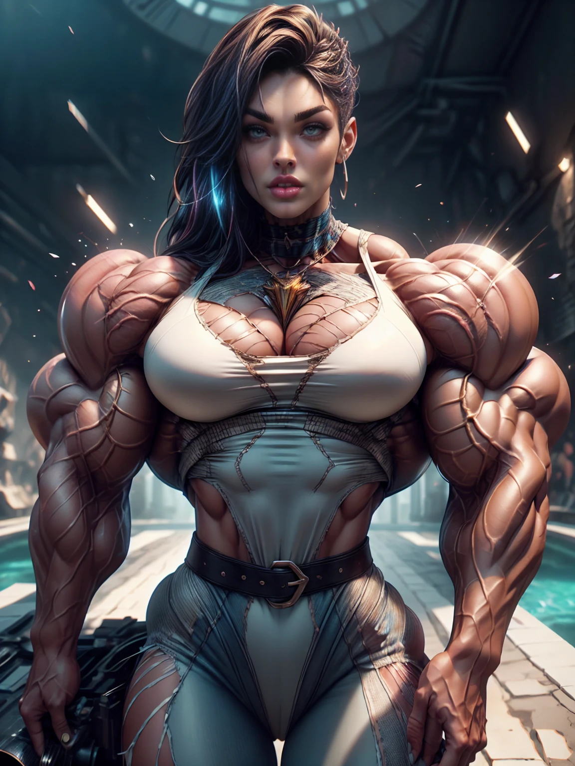 Cinematic, clear facial features and insanely detailed, it captures the essence of a muscular female bodybuilder (Megan Fox) with breathtaking beauty. The color grading is beautifully done, enhancing the overall cinematic feel. Unreal Engine brings her to life, her appearance even more mesmerizing. With the use of depth of field (DOF), every detail is focused and accentuated, drawing attention to her eyes and hair. The image resolution is at its peak, utilizing super-resolution technology to ensure every pixel is perfect. Cinematic lighting enhances her aura, while anti-aliasing techniques like FXAA and TXAA keep the edges smooth and clean. Adding realism to the muscular female bodybuilder, RTX technology enables ray tracing, it look as if it's actually there. Additionally, SSAO (Screen Space Ambient Occlusion) gives depth and realism to the scene, the girl's presence even more convincing. In the post-processing and post-production stages, tone mapping enhances the colors, creating a captivating visual experience. The integration of CGI (Computer-Generated Imagery) and VFX (Visual Effectrings out her muscular features in a seamless manner. SFX (Sound Effects) complement the visual artistry, immersing the viewer further into this fantastic world. The level of detail is awe-inspiring, with intricate elements meticulously crafted, the artwork hyper maximalist and hyper-realistic. Volumetric effects add depth and dimension, and the photorealism is unparalleled. The image is rendered in 8K resolution, ensuring super-detailed visuals. The volumetric lightning adds a touch of magic, highlighting her beauty and aura in an otherworldly way. High Dynamic Range (HDR) technology makes the colors pop, adding richness to the overall composition. Ultimately, this artwork presents an unreal, yet stunningly real portrayal of an incredibly beautiful girl. The sharp focus ensures that every feature is crisply defined, leaving the audience captivated by her presence. --v testp