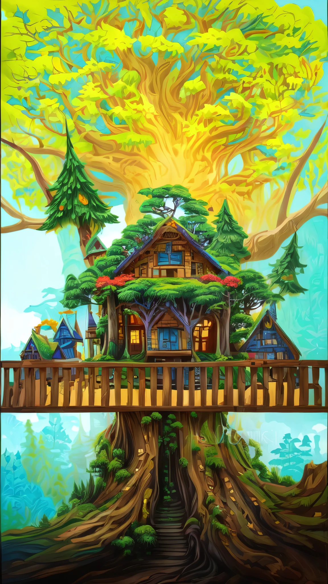 bright, (((cartoon style))), on a large green tree in the middle there is a wooden house with a balcony, fantastic (background), fantasy art, forest, blue sky,
massive and tall tree trunk, magical landscape, fantasy, no human, illustration for children, fantasy art, masterpiece, detailed, intricate, 4k, art