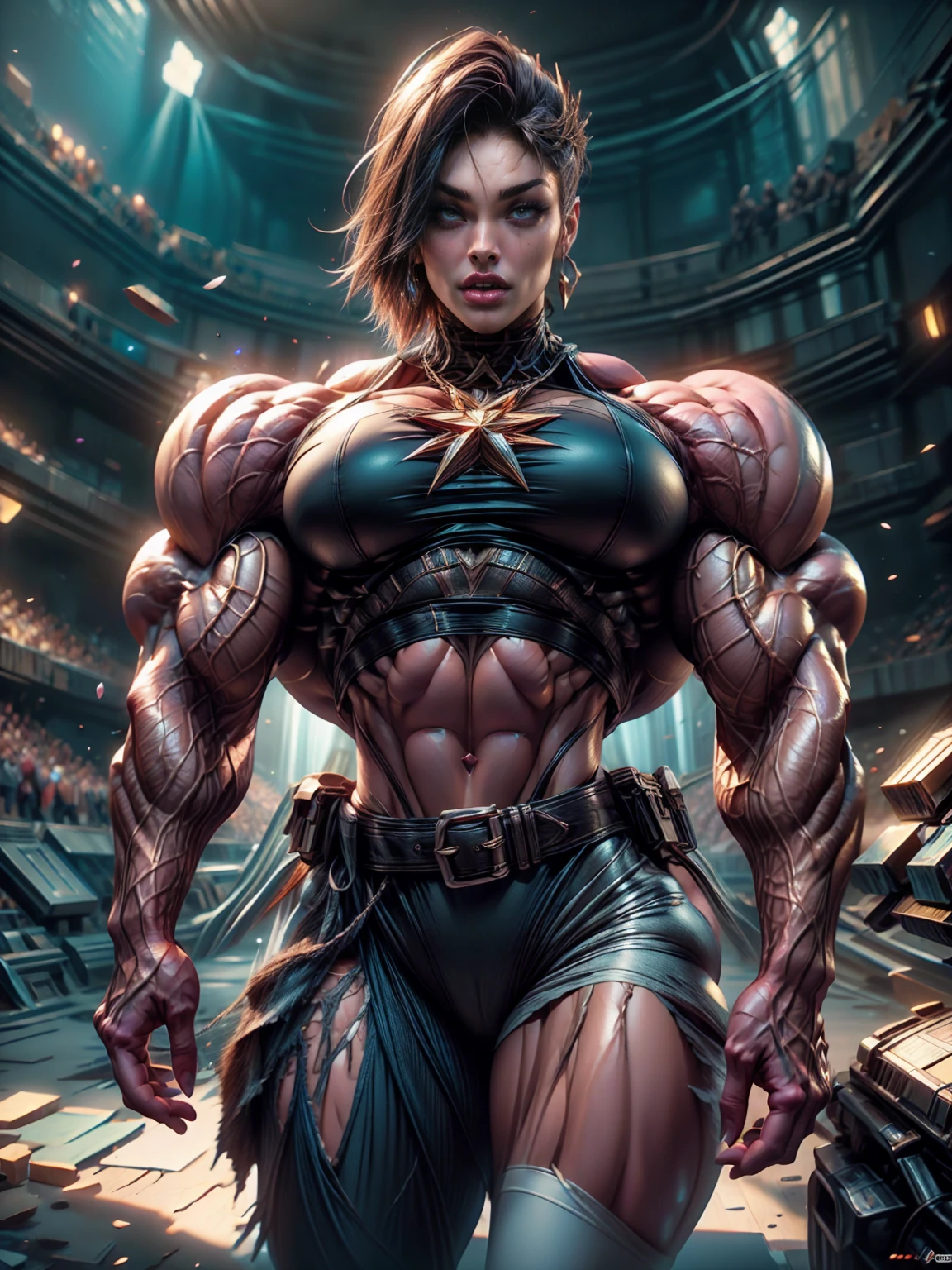 Cinematic, clear facial features and insanely detailed, it captures the essence of a muscular female bodybuilder (Megan Fox) with breathtaking beauty. The color grading is beautifully done, enhancing the overall cinematic feel. Unreal Engine brings her to life, her appearance even more mesmerizing. With the use of depth of field (DOF), every detail is focused and accentuated, drawing attention to her eyes and hair. The image resolution is at its peak, utilizing super-resolution technology to ensure every pixel is perfect. Cinematic lighting enhances her aura, while anti-aliasing techniques like FXAA and TXAA keep the edges smooth and clean. Adding realism to the muscular female bodybuilder, RTX technology enables ray tracing, it look as if it's actually there. Additionally, SSAO (Screen Space Ambient Occlusion) gives depth and realism to the scene, the girl's presence even more convincing. In the post-processing and post-production stages, tone mapping enhances the colors, creating a captivating visual experience. The integration of CGI (Computer-Generated Imagery) and VFX (Visual Effectrings out her muscular features in a seamless manner. SFX (Sound Effects) complement the visual artistry, immersing the viewer further into this fantastic world. The level of detail is awe-inspiring, with intricate elements meticulously crafted, the artwork hyper maximalist and hyper-realistic. Volumetric effects add depth and dimension, and the photorealism is unparalleled. The image is rendered in 8K resolution, ensuring super-detailed visuals. The volumetric lightning adds a touch of magic, highlighting her beauty and aura in an otherworldly way. High Dynamic Range (HDR) technology makes the colors pop, adding richness to the overall composition. Ultimately, this artwork presents an unreal, yet stunningly real portrayal of an incredibly beautiful girl. The sharp focus ensures that every feature is crisply defined, leaving the audience captivated by her presence. --v testp