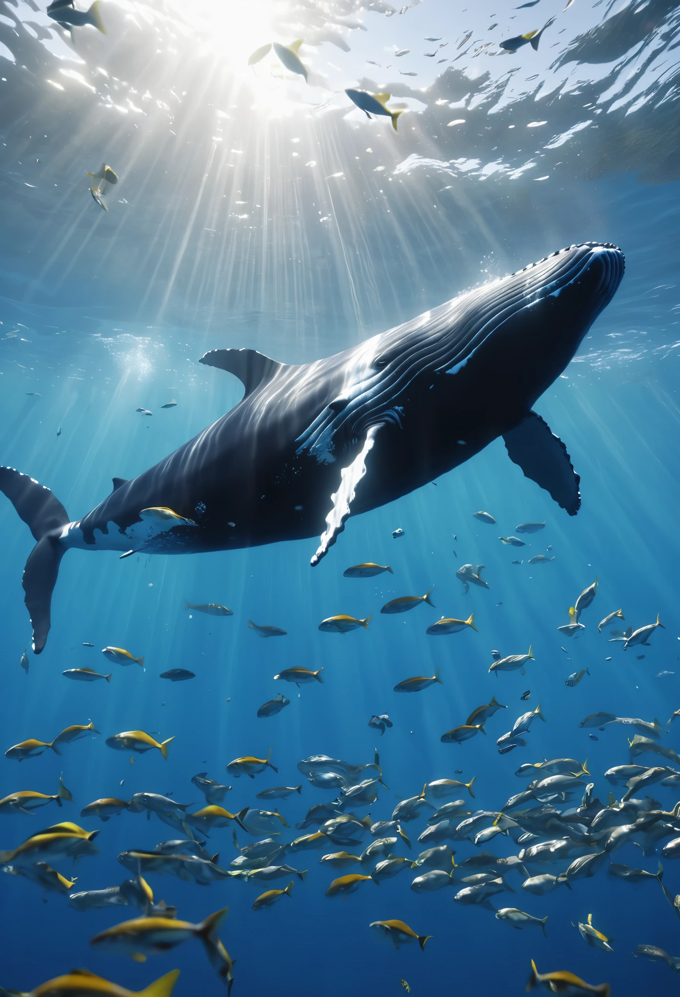 whale leap，Ocean Dance，Surrounded by fish，Realistic ray tracing，True light reflection，8k，masterpiece，Super fine，Film effect，grainy，Realism，dynamic perspective