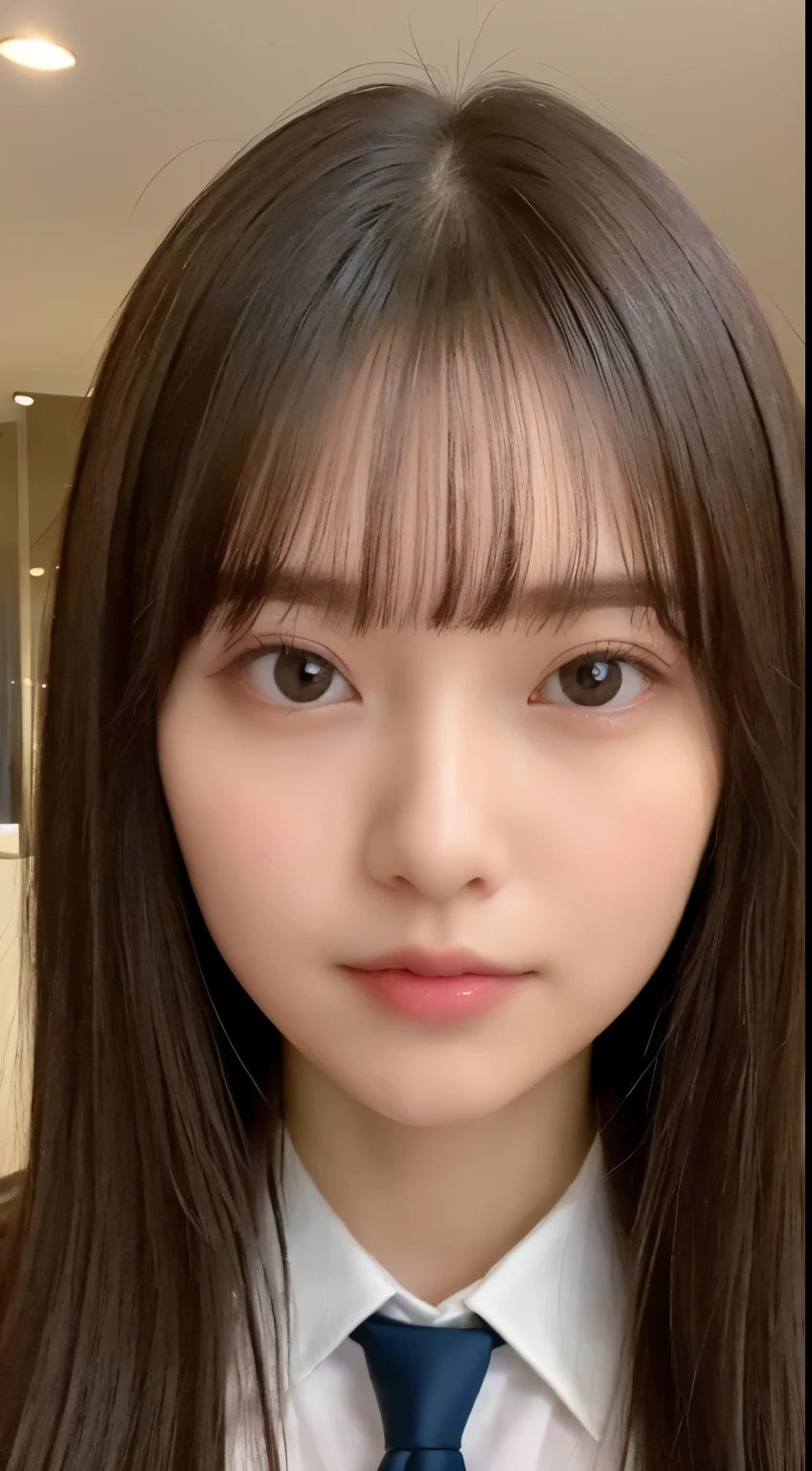 ((highest quality、8K、masterpiece:1.5))、one girl、(unhealthy face)、(letter to)、dull bangs、(lots of bangs:1.4)、(Full body Esbian:1.4)、(symmetrical face)、highly detailed face、super detailed mouth、detailed eye、Fine ears、slim face、(Self snap:1.4)、(off shoulder)、(armpit)、(look up)、(From above)、(straight long hair、Ahoge:1.3)、(upper eye)、background is blurry、(recruitment suit、tie:1.3)、lip gloss、(Hotel entrance)、(natural soft light:1.3)、