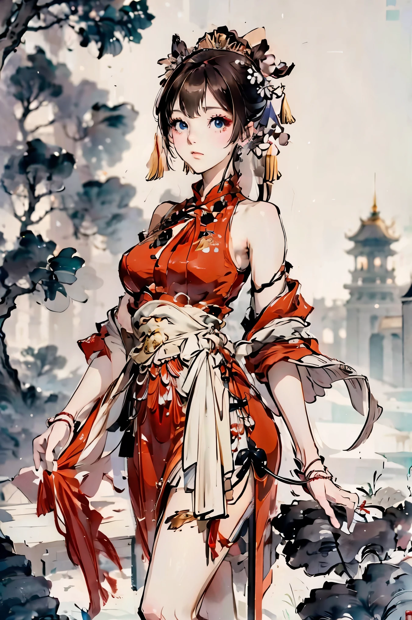 1girl, , flat chested, a beauty girl ,wear gorgeous hanfu, Chinese style buildings, landscape