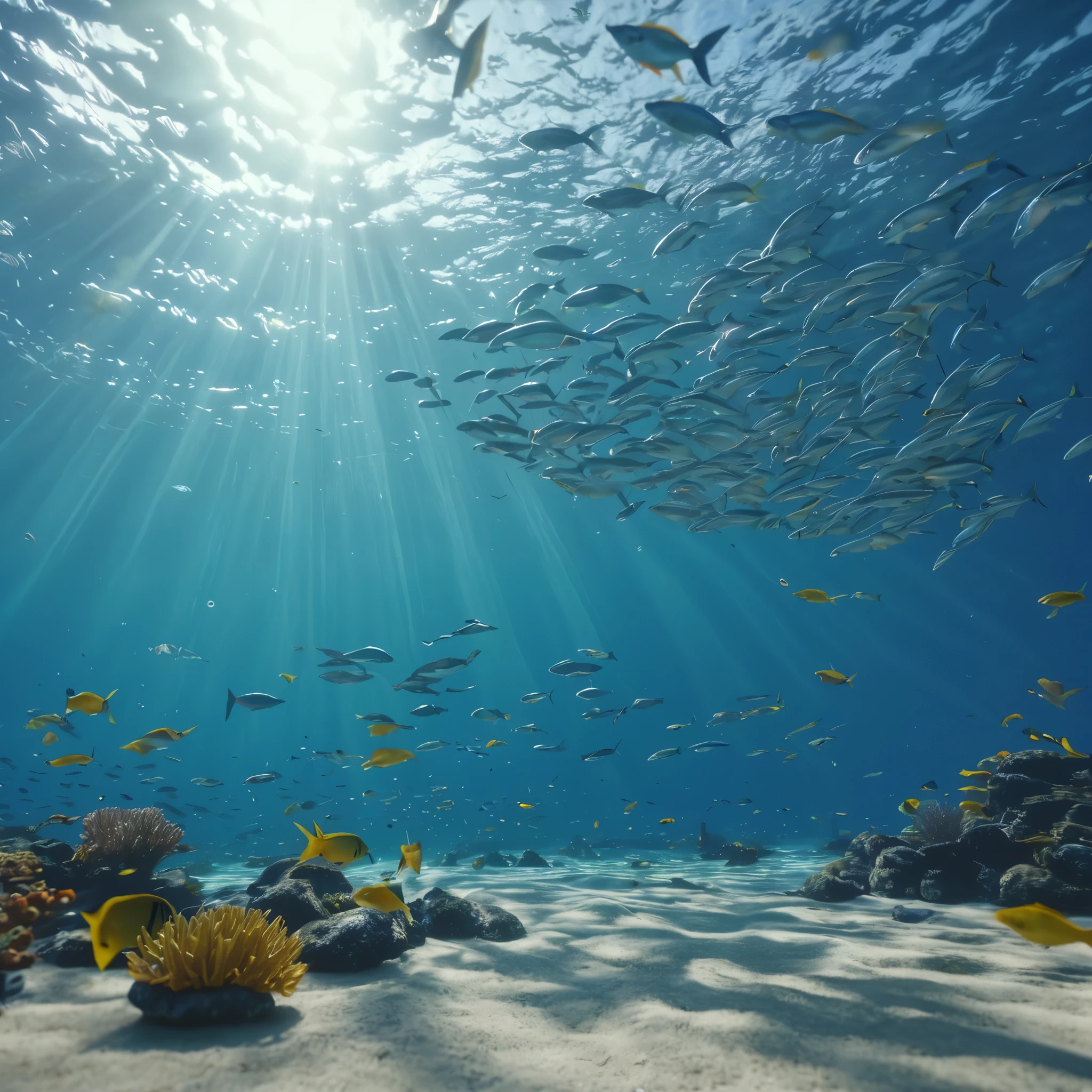 whale leap，Ocean Dance，Surrounded by fish，Realistic ray tracing，True light reflection，8k，masterpiece，Super fine，Film effect，grainy，Realism，dynamic perspective