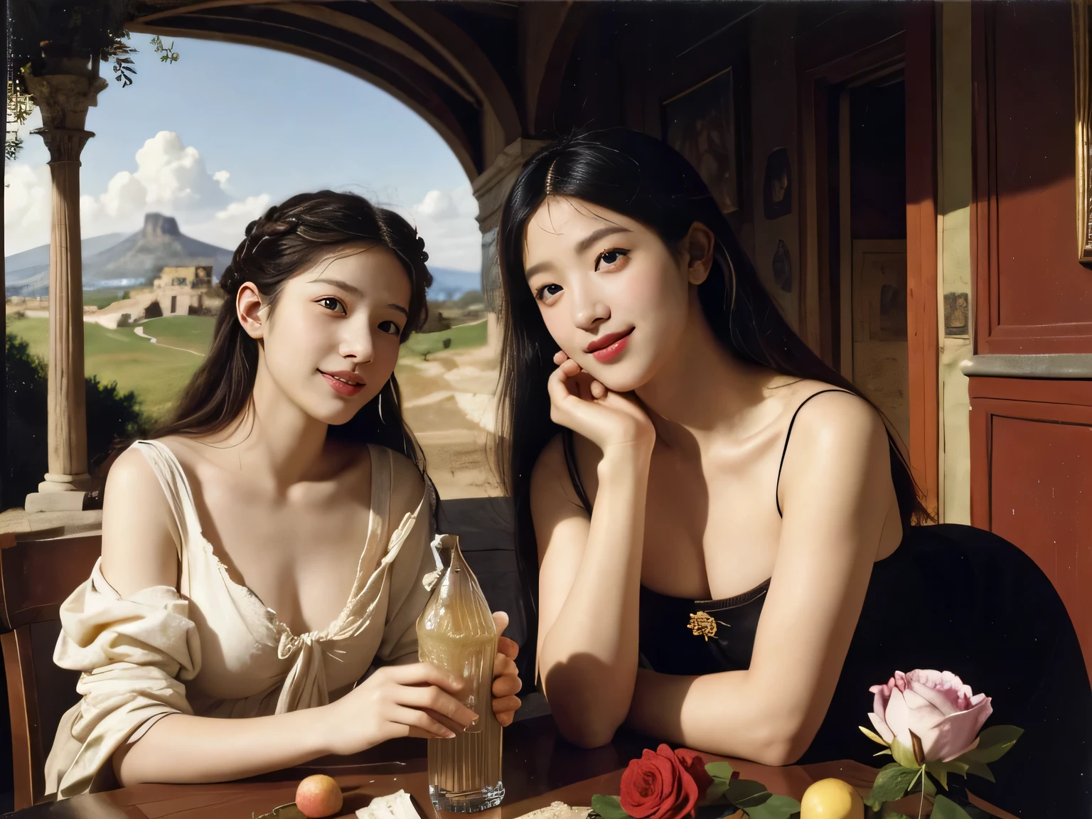 Giorgione painting style,Arguments of two female Philosophe,math、astronomical machine、astronaut、roses in vase、fruits、Cute trinkets、smile、ancient greek costume、Ancient Roman landscape in the style of Nicolas Poussin,laughter,,Sweet and seductive appearance.、Caravaggio's paintings、Chiaroscuro of Caravaggio、hair tousled by the wind,Two women frolicking,cute smile, expression of ecstasy,Sexy,erotic
