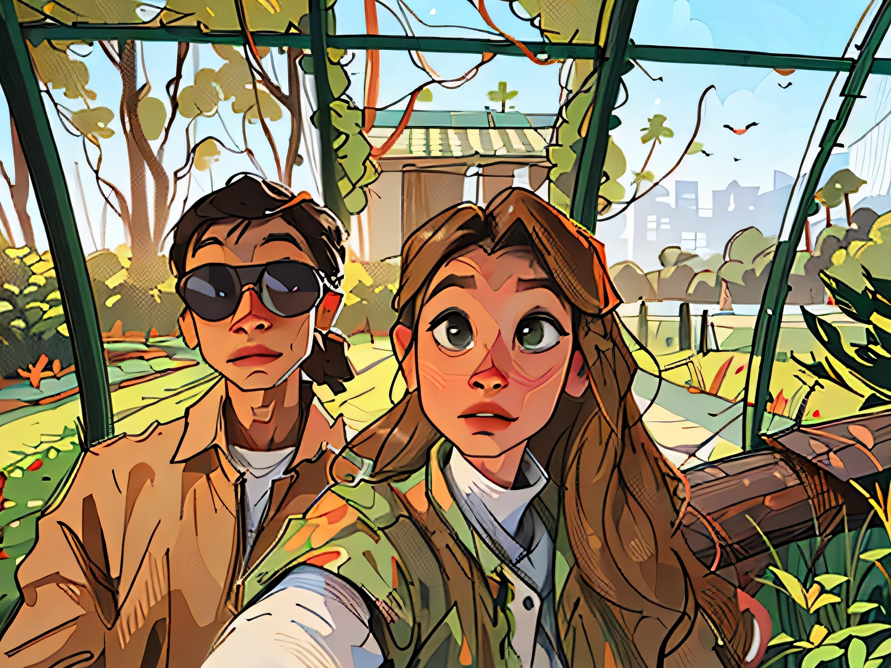 there are two people posing for a photo together, estufa ao fundo, standing in a botanical garden, selvas ao fundo, palmeiras ao fundo, com palmeiras nas costas, parque em segundo plano, enorme estufa, com um castelo ao fundo, biodome, grandes plantas no fundo, vacation photo, com um parque ao fundo
