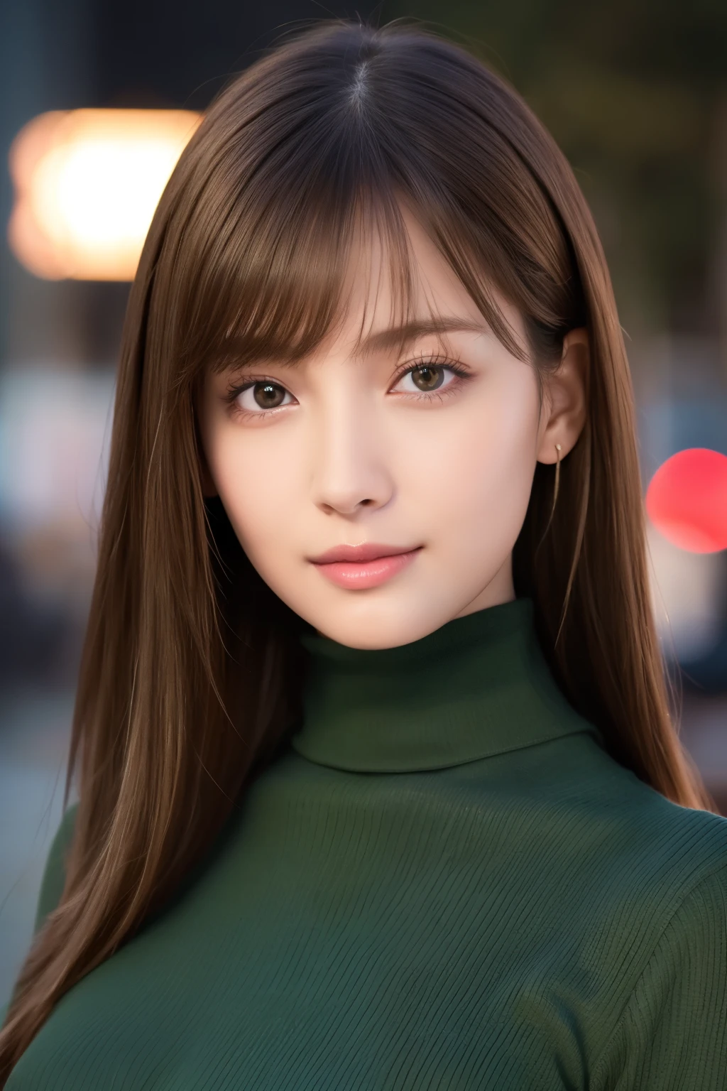 one 19 year old girl, (Dark green turtleneck thin sweater), Raw photo, highest quality, photorealistic, very delicate and beautiful, very detailed, 8K wallpaper, High resolution, soft light, very detailed目と顔, beautifully detailed nose, detailed and beautiful eyes, cinematic lighting, night city lights, perfect anatomy, slender body, well-shaped chest, straight hair, smile, asymmetrical bangs, light brown hair