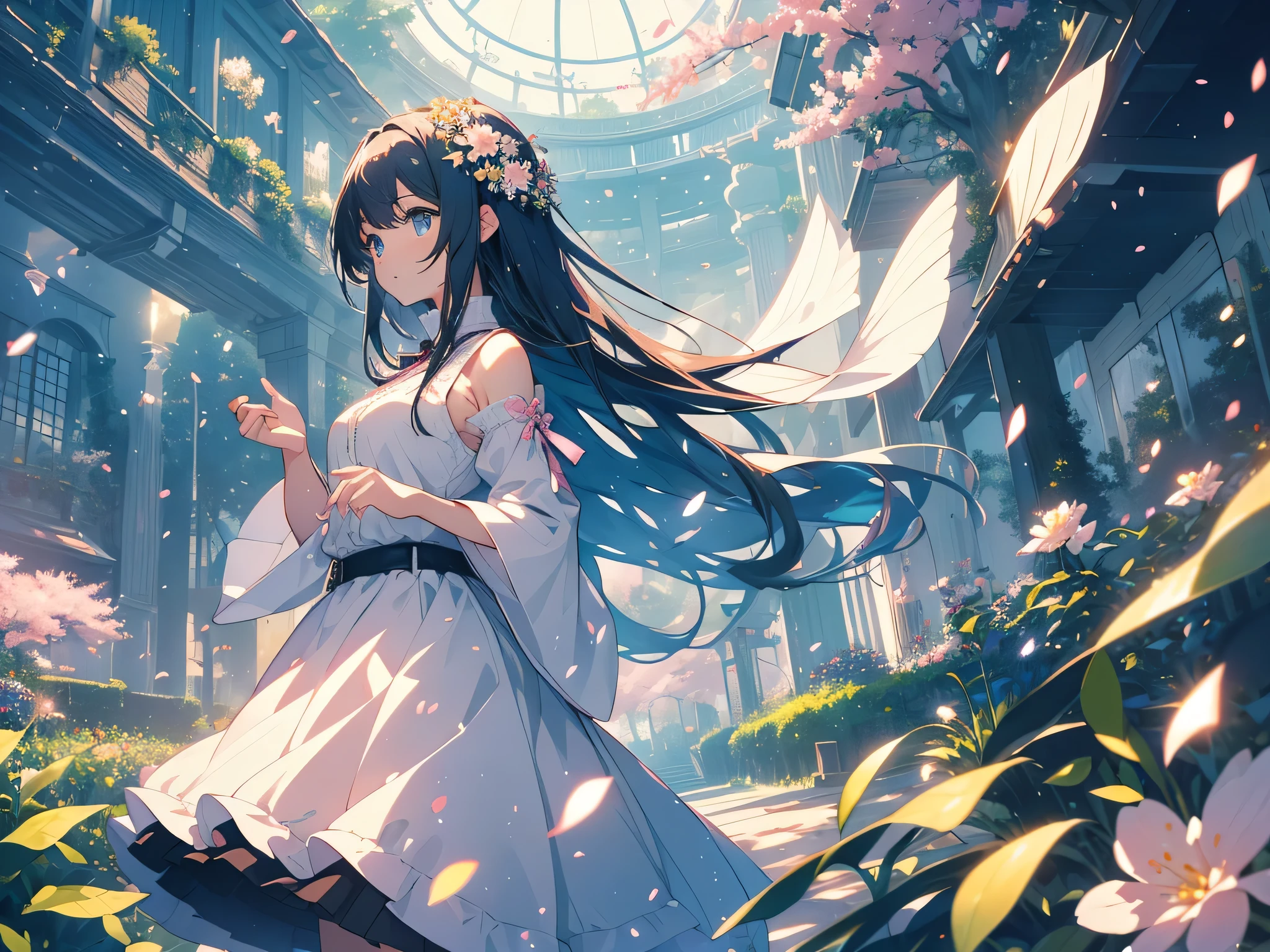 (highest quality、masterpiece、High resolution、be familiar with)、(shining eyes、be familiar with美しい顔)、There is a girl Standing in a flower garden looking up at the sky, a girl Standing in a flower garden, girl walking in a flower field, I wandered into a dream-like wonderland, Standing in a flower garden, amazing digital paintings, the sky is empty々that'It's getting sunny, The starry sky is slow々move away from 、beautiful anime、Fluttering cherry blossom petals