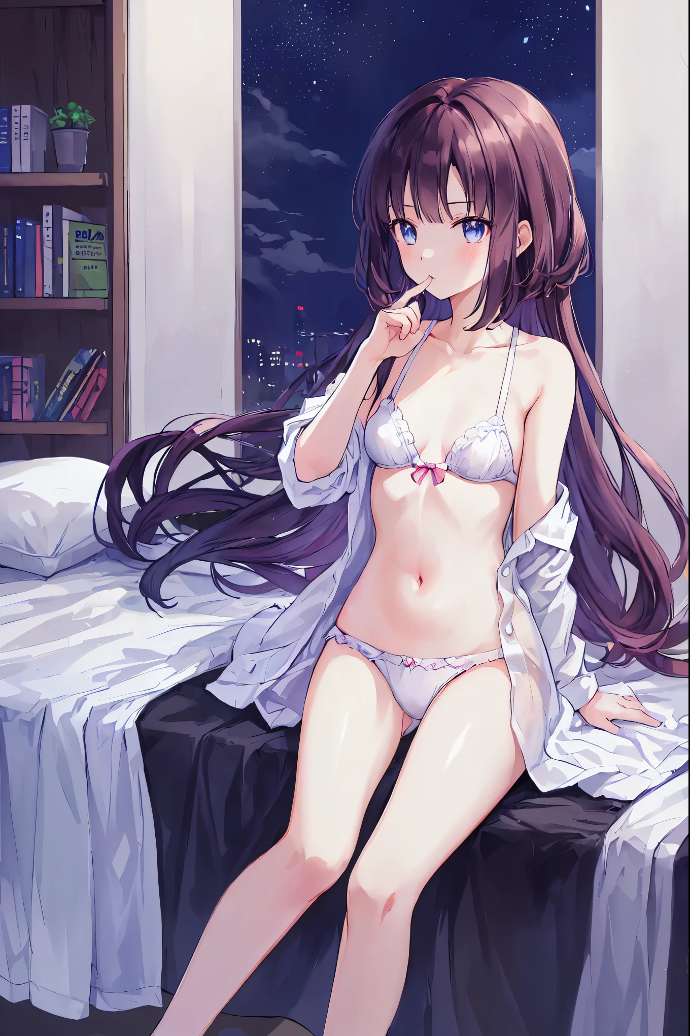 In 8K、highest quality、masterpiece、Super detailed、ultra high resolution、anime style、(1 female)、night、dim room、on the futon、Please sleep on your back、open shirt、wide open chest、bare shoulders、embarrassing、Depth of written boundary, delicate eyes, full hand, no extra limbs，small breasts，I can see your underwear，sharp nose line，natural posture、A room in a high-rise apartment，night景が綺麗，shortcut，beautiful profile，unique mouth shape，spread your legs wide