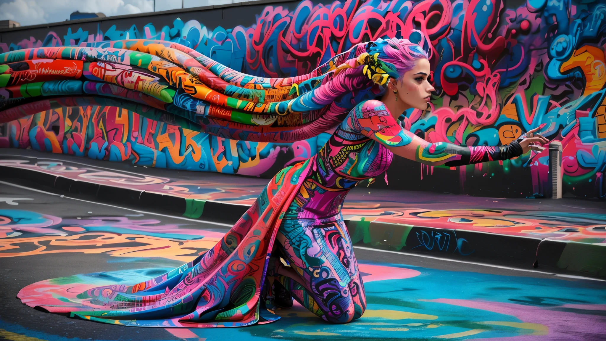 arafed woman in vestido colorido with colorful hair and flowing hair, graffiti releases, arte corporal completa, estilo de arte de rua, arte de rua 8k, totalmente coberto de tinta colorida, arte de corpo inteiro, Fresh Rainbow Body Painting, vestido colorido, vestido de seda colorida, graffiti de pintura corporal pintado com spray, salpicado com graffiti, pintura corporal em redemoinho, pintura de corpo inteiro. very beautiful face.