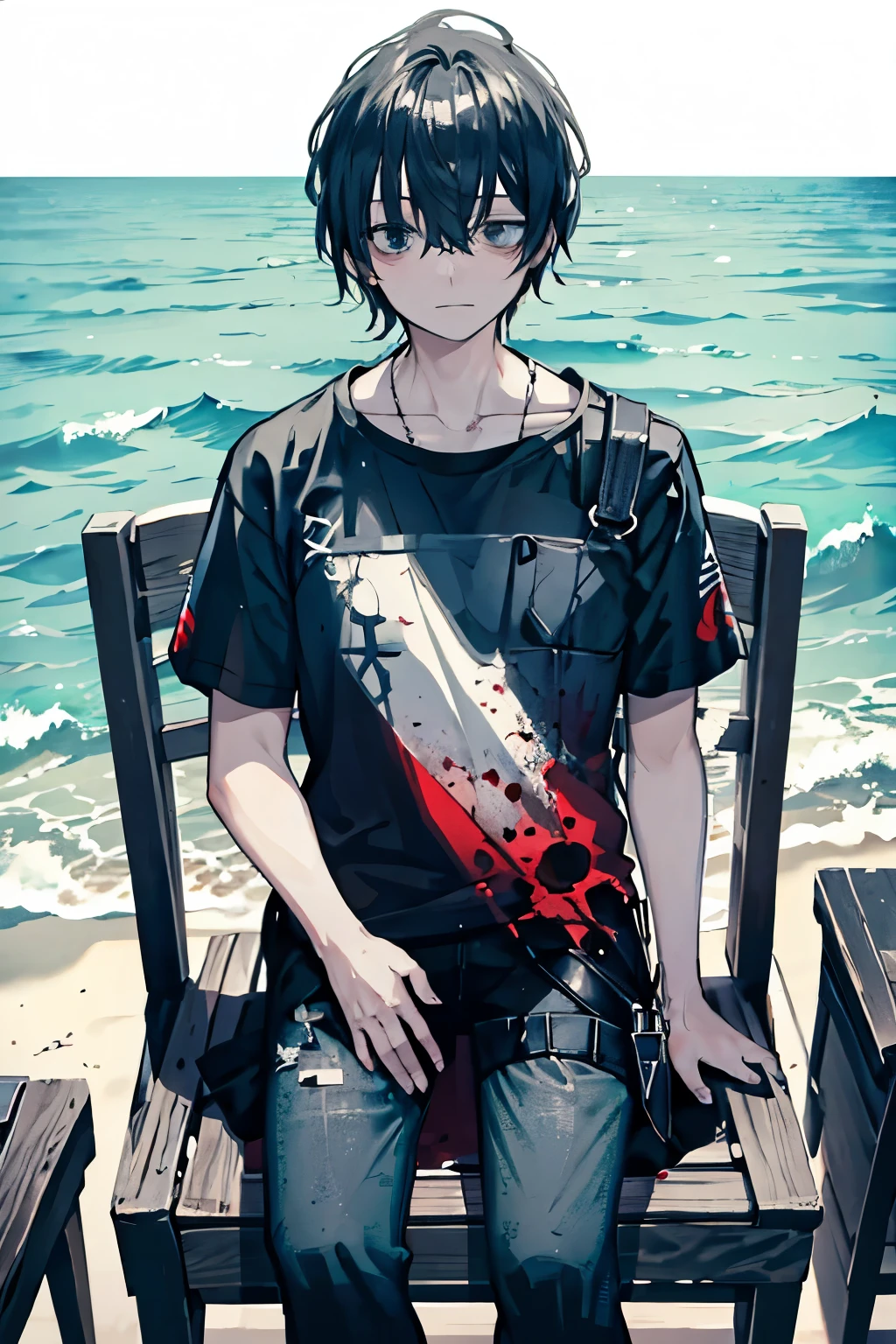 horizon,on the shore,sea, 1 man sitting on a chair, looking at viewer, blood stained t-shirt, in center,