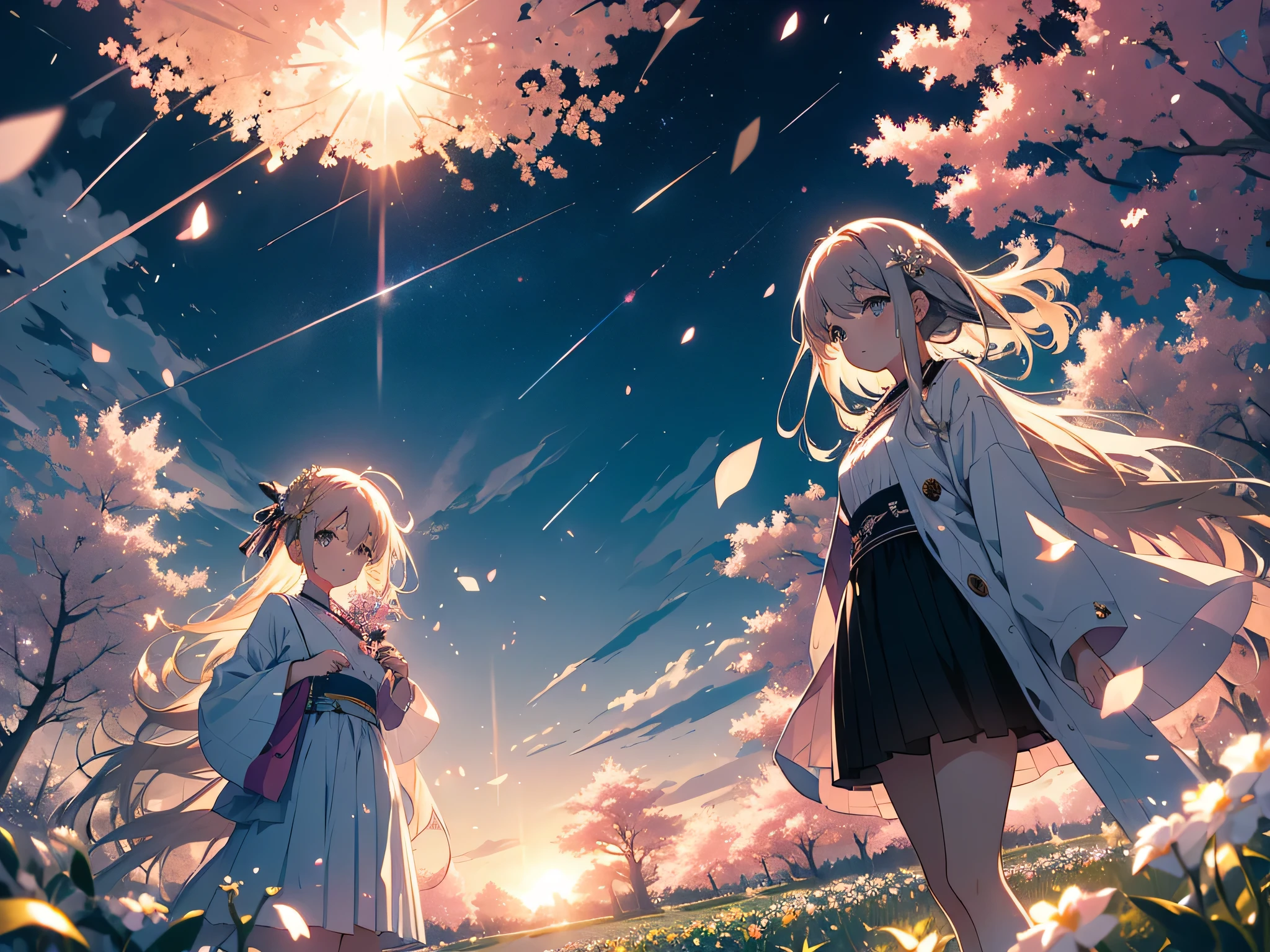 (highest quality、masterpiece、High resolution、be familiar with)、(shining eyes、be familiar with美しい顔)、There is a girl Standing in a flower garden looking up at the sky, a girl Standing in a flower garden, girl walking in a flower field, I wandered into a dream-like wonderland, Standing in a flower garden, amazing digital paintings, the sky is empty々that'It's getting sunny, The starry sky is slow々move away from 、beautiful anime、Fluttering cherry blossom petals