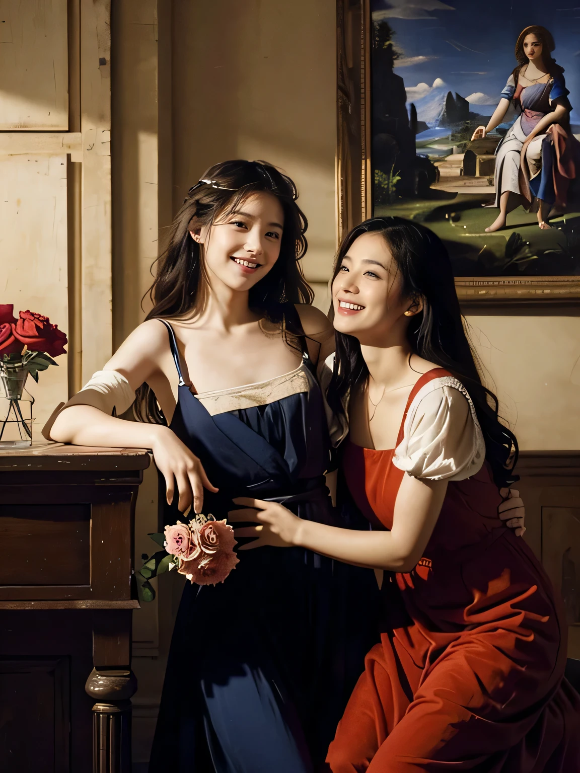 Giorgione painting style,Arguments of two female Philosophe,math、astronomical machine、astronaut、roses in vase、fruits、Cute trinkets、smile、ancient greek costume、Ancient Roman landscape in the style of Nicolas Poussin,laughter,,Sweet and seductive appearance.、Caravaggio's paintings、Chiaroscuro of Caravaggio、hair tousled by the wind,Two women frolicking,cute smile, expression of ecstasy,Sexy,erotic