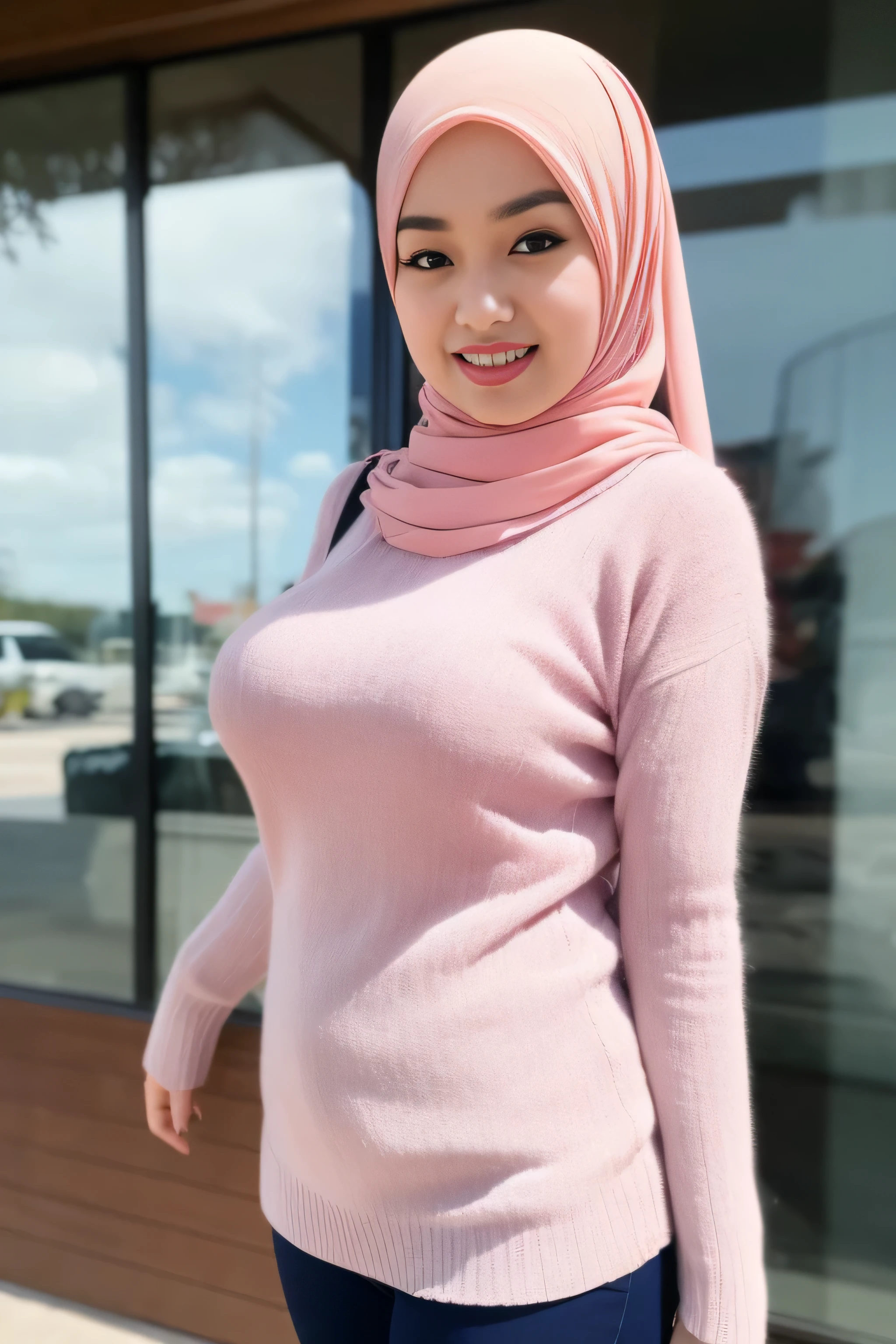 A  in a white sweater and leggings, (in pink), White clothes, solidcolor，high-necked，Thermal underwear, full bodyesbian, soft - warm, Official product image, smooth white tight clothes suit, Light white, soft cute colors, warm color clothes,Official product image, smooth white tight clothes suit, Light white, soft cute colors, warm color clothes, p. j. n,((White)), Fashionab, 2 0 2 0 fashion, ƒ/5.6, (hijab:1.1),((huge breast:1.1)),