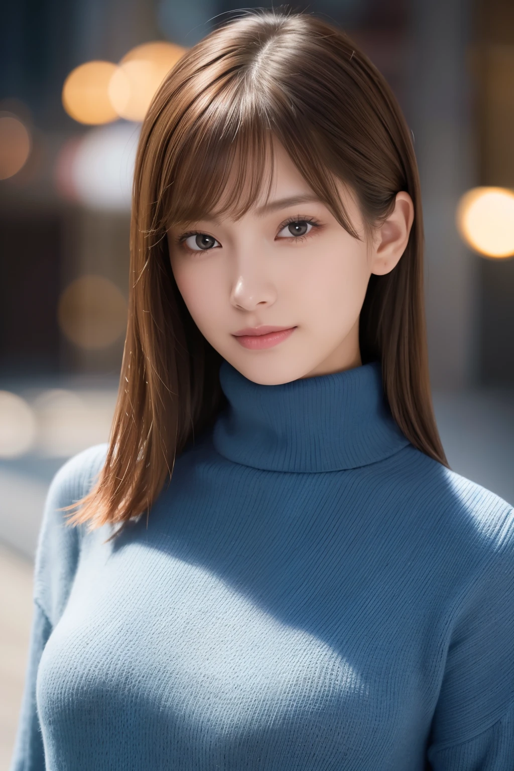 one 19 year old girl, (Light dark blue turtleneck sweater), Raw photo, highest quality, photorealistic, very delicate and beautiful, very detailed, 8K wallpaper, High resolution, soft light, very detailed目と顔, beautifully detailed nose, detailed and beautiful eyes, cinematic lighting, night city lights, perfect anatomy, slender body, well-shaped chest, straight hair, smile, asymmetrical bangs, light brown hair