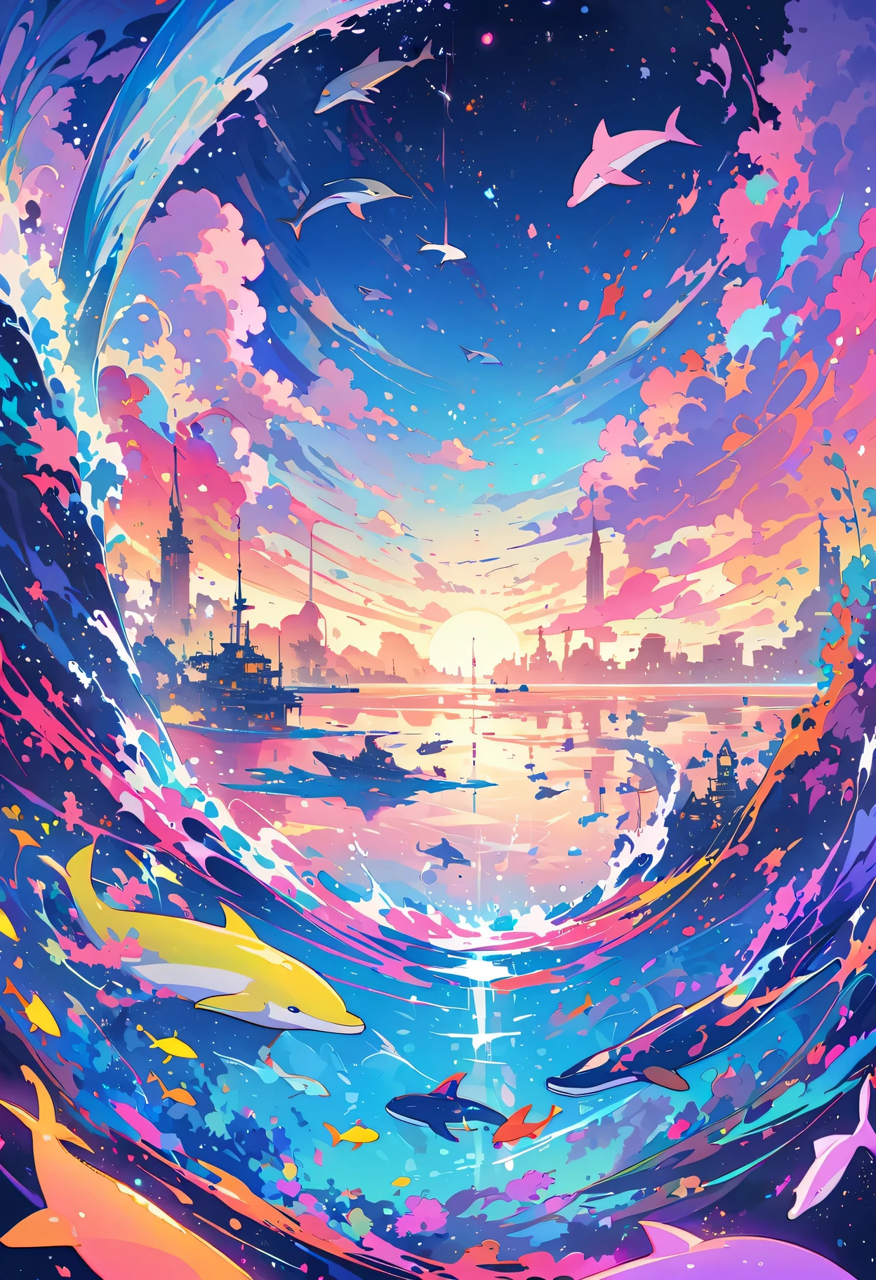 Dolphins swim in colorful ocean, Look up and see the composition, Live water and whales from the sky, Fantasy psychedelic animation, Colorful anime background, A beautiful artistic illustration, Colorful concept art, Very detailed ,watercolor painting, Octane number,actual,Xin Haicheng( Reasonable design, clear lines, HD,best quality, Very detailed, main part, movie lighting effects, 4K )