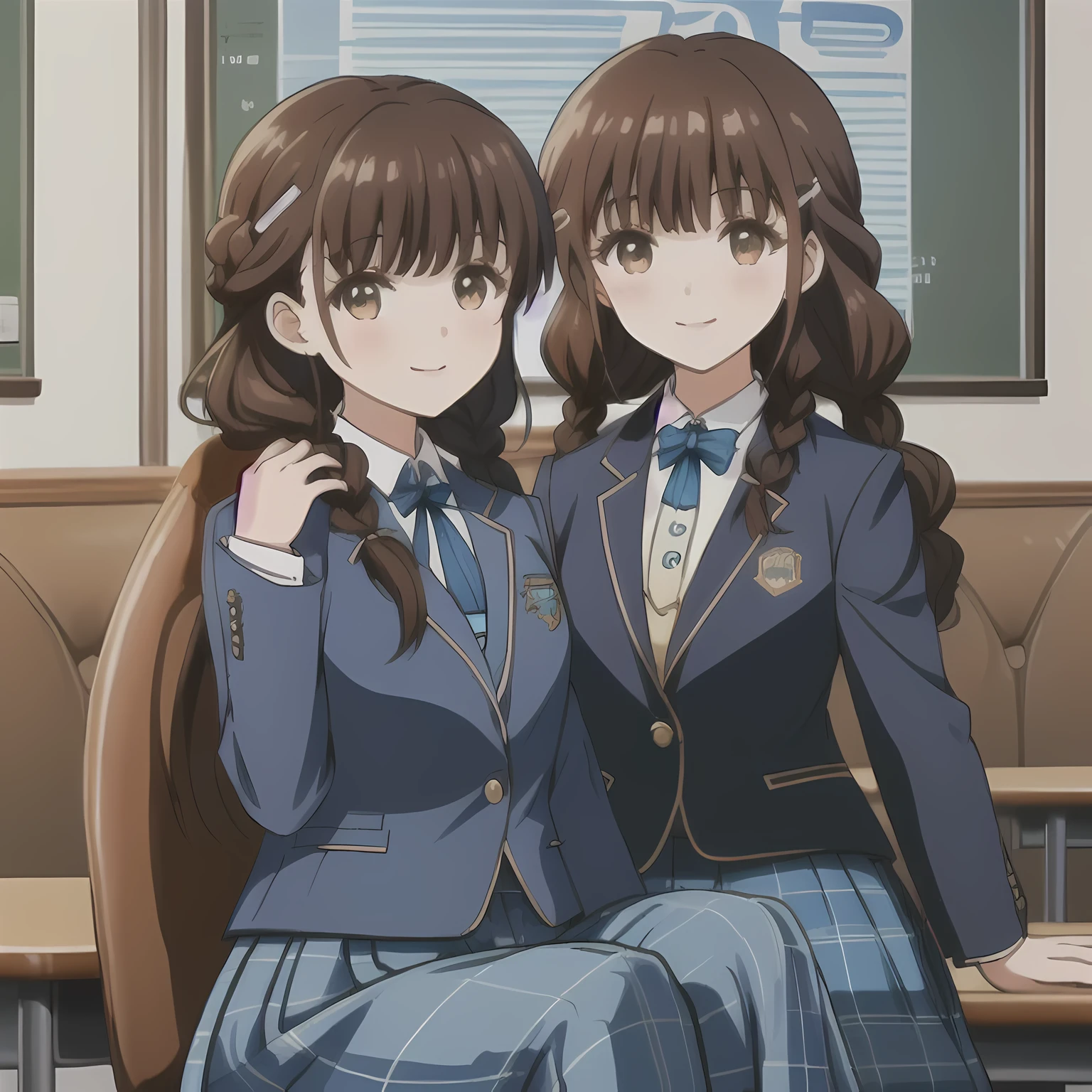 highest quality, (masterpiece:1.2), very detailed,A beautiful girl with a bright and cheerful atmosphere, Only one beautiful girl sitting、Looking at the viewer and smiling, glossy lips, nice smile, big brown eyes, (((dark brown hair))), , big shiny hair clip, , ((((Green school blazer with emblem))), ((A large Japanese-style school ribbon with a large navy blue stripe on the chest.)), very shiny hair、The corners of the eyes are drooping,(white and transparent skin), (((Tightly braided brown hairstyle))), ((((Green & Navy color tartan check middle long skirt)))), ((A gentle and cute expression staring at the viewer)), double eyelid, ((long eyelashes)), the skirt is very cute,