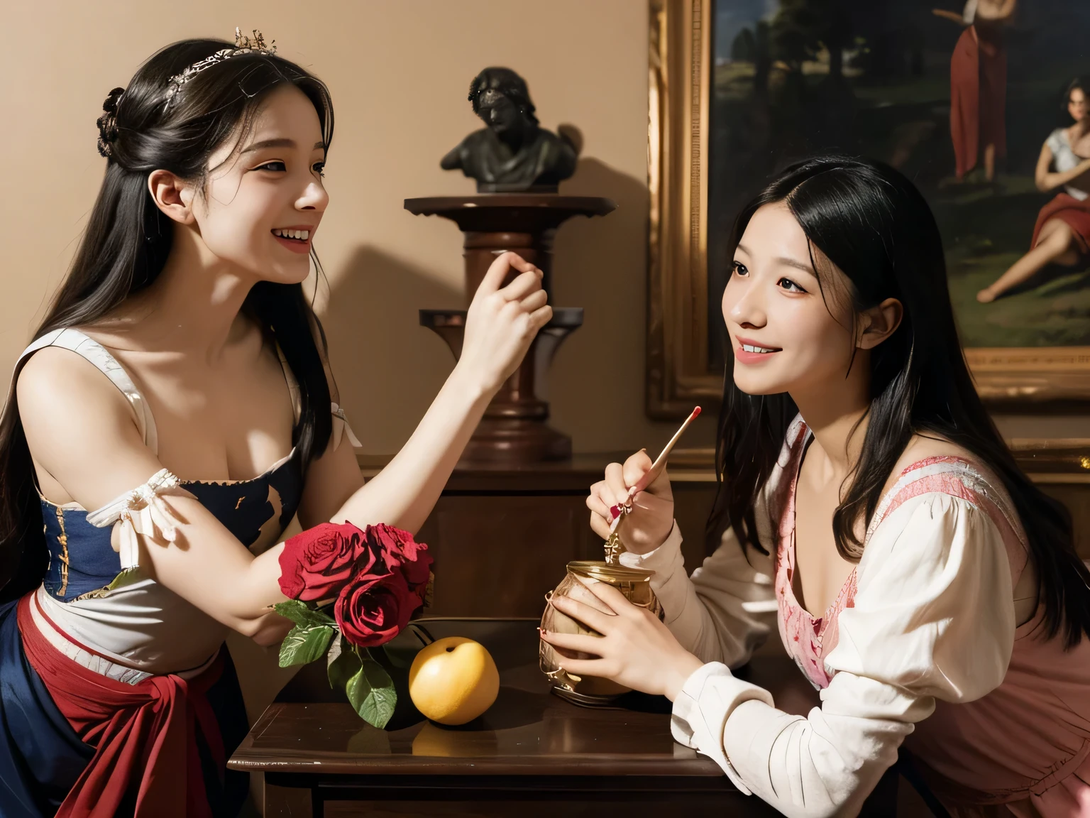 Giorgione painting style,Arguments of two female Philosophe,math、astronomical machine、astronaut、roses in vase、fruits、Cute trinkets、smile、ancient greek costume、Ancient Roman landscape in the style of Nicolas Poussin,laughter,,Sweet and seductive appearance.、Caravaggio's paintings、Chiaroscuro of Caravaggio、hair tousled by the wind,Two women frolicking,cute smile, expression of ecstasy,Sexy,erotic
