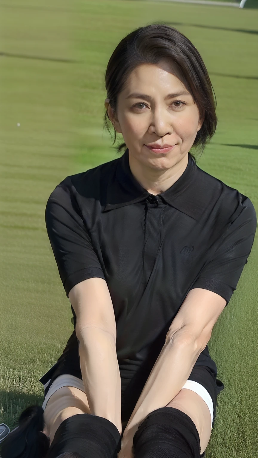 NSFW, ((highest quality)), ((8K)), ((masterpiece:1.3)), (become familiar with), (cinema quality), ((rugby field)), (Sports Stadiums), The green grass is beautiful, Japanese female referee, The contrast between the natural light shining in and the shadow created by the studio roof, (芝生のコート上を全力でRun:1.6), (black collared short sleeve polo shirt:1.2), (black polo shirt), Sponsor logos on both chests:1.6, ((black shorts)), ((black knee socks:1.6)), shoes with spikes, (has a whistle in his right hand:1.6), long hair, Hair tied up in a ponytail, (ポニーテールに束ねた髪を靡かせRun:1.6), perfect appearance, 32 years old, married woman, (trained thigh muscles), ((swollen thigh muscles)), tanned skin, facial wrinkles:1.2, wrinkles around the eyes, tear bags around the eyes, double eyelid, Crying mole under left eye, face is looking to the side, (横を向きながらRun:1.2), hall々expression, (big breasts), big breasts, (揺れるbig breasts), (Run勢いで揺れ動く胸:1.6), hard nipples, whole body, (Sweat soaks my face and arms), (A polo shirt that sticks to your skin with sweat:1.6), (Run:1.6), (Perspective looking up from the feet), (I can see the players around me.:1.1), (Audience stand towards the back),