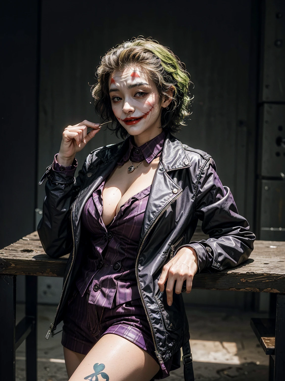 Masterpiece, High quality, joker woman, big breast,open jacket,