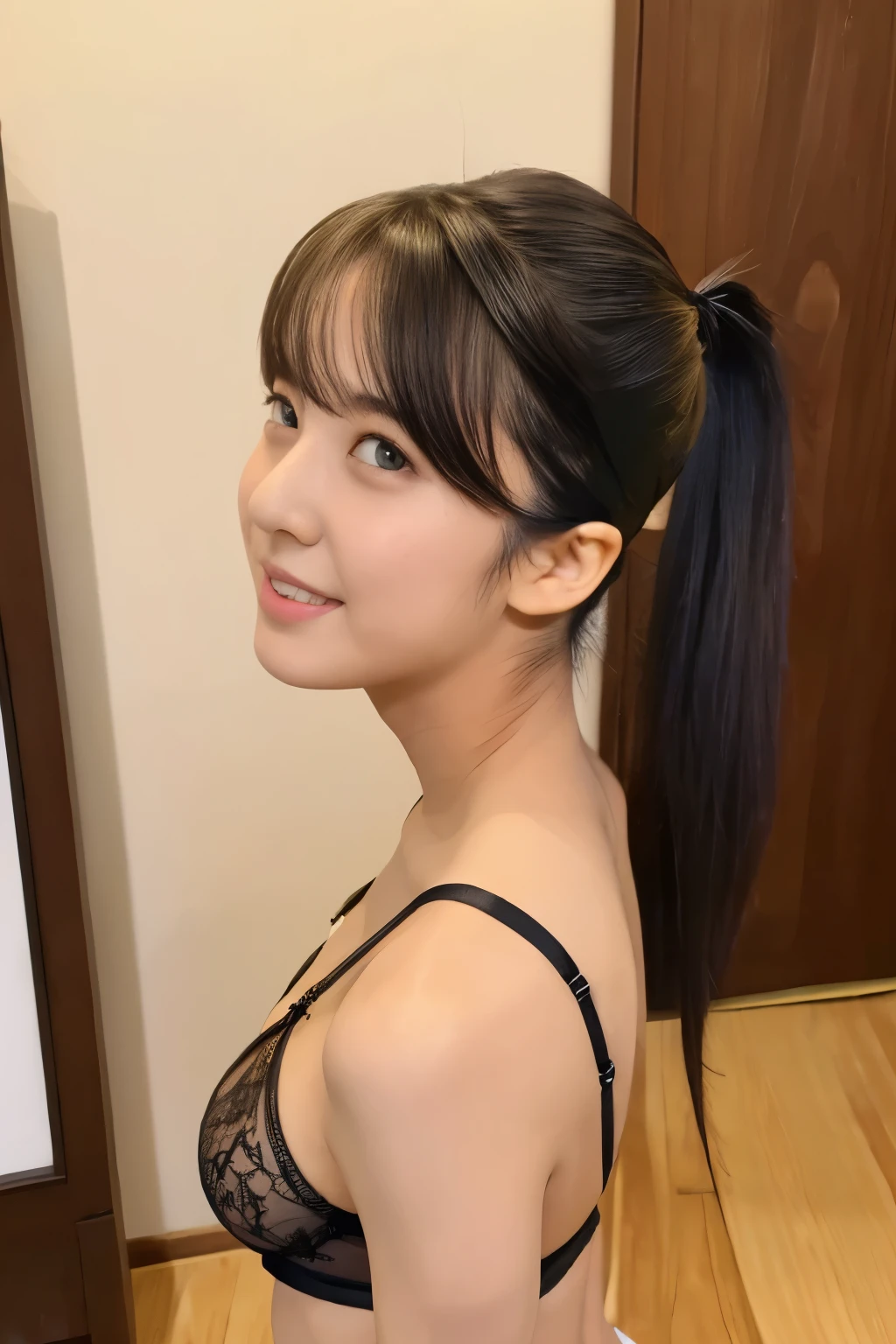 no, more LoRA, ((live-action)), (1 girl), masterpiece, highest quality, ultra-realistic capture, very detailed, high resolution 16k, pretty girl, Natural white skin, ((natural big breasts:0.6, Height is 145cm, (round face:1.2), black hair, ponytail, dark brown eyes, thin lips, thin eyebrows)), bedroom, (((Sexy black lingerie with beautiful lace, halfcupbra, small panty like a string))), (((whole body:1.5))), (((get on all fours, look like doggy back))), (((look back))), 