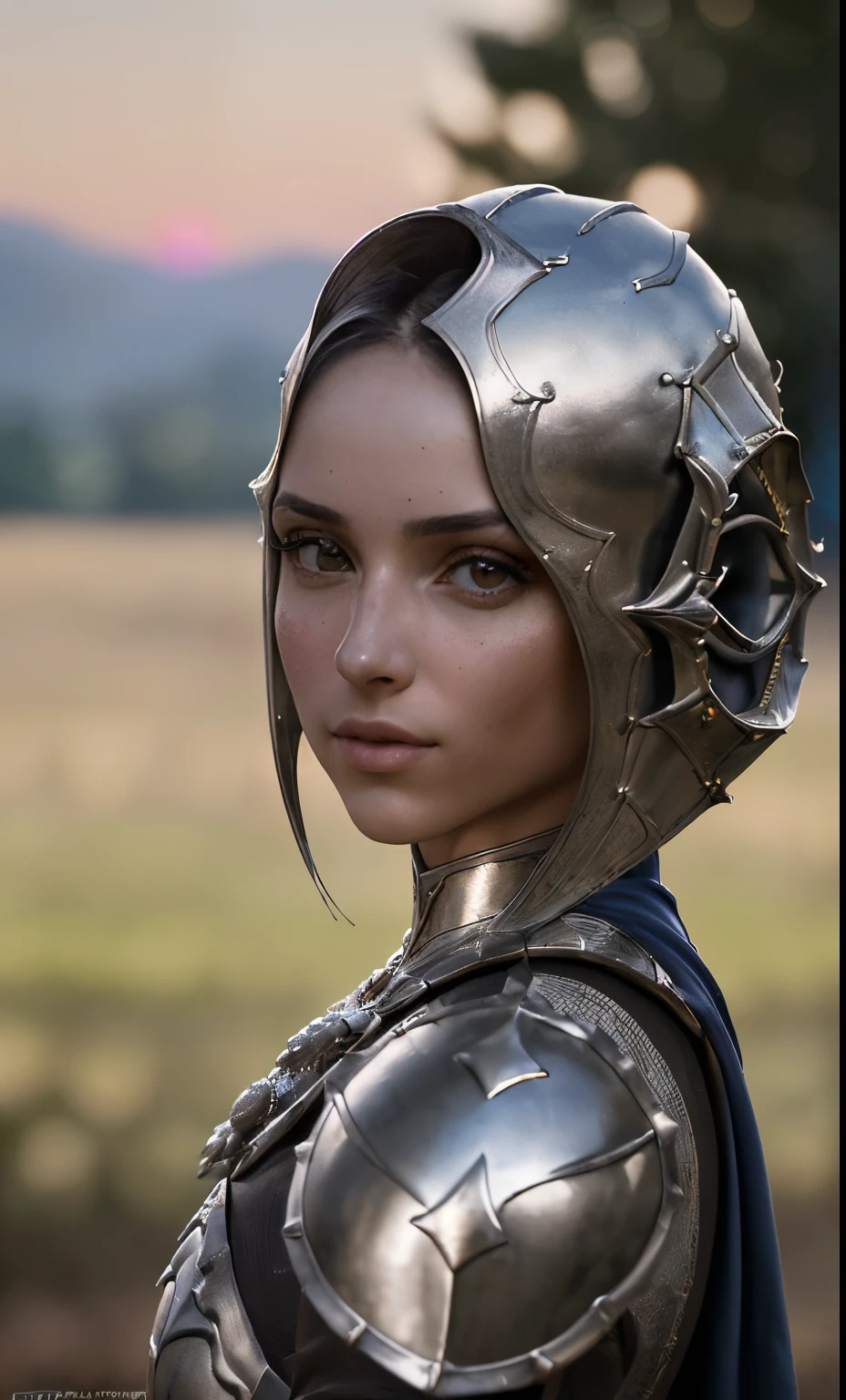 (obra maestra), (extremadamente intrincado:1.3), (realista), portrait of a girl, la mas bella del mundo, (armadura medieval), reflejos de metal, parte superior del cuerpo, al aire libre, luz solar intensa, castillo lejano, Detailed professional photography of a stunning woman., sharp focus, dramatic, Premiado, cinematic lighting, octanaje render motor irreal, volumetric dtx, (film grain, fondo borroso, primer plano borroso, bokeh, profundidad de campo, atardecer, Desenfoque de movimiento:1.3), cota de malla