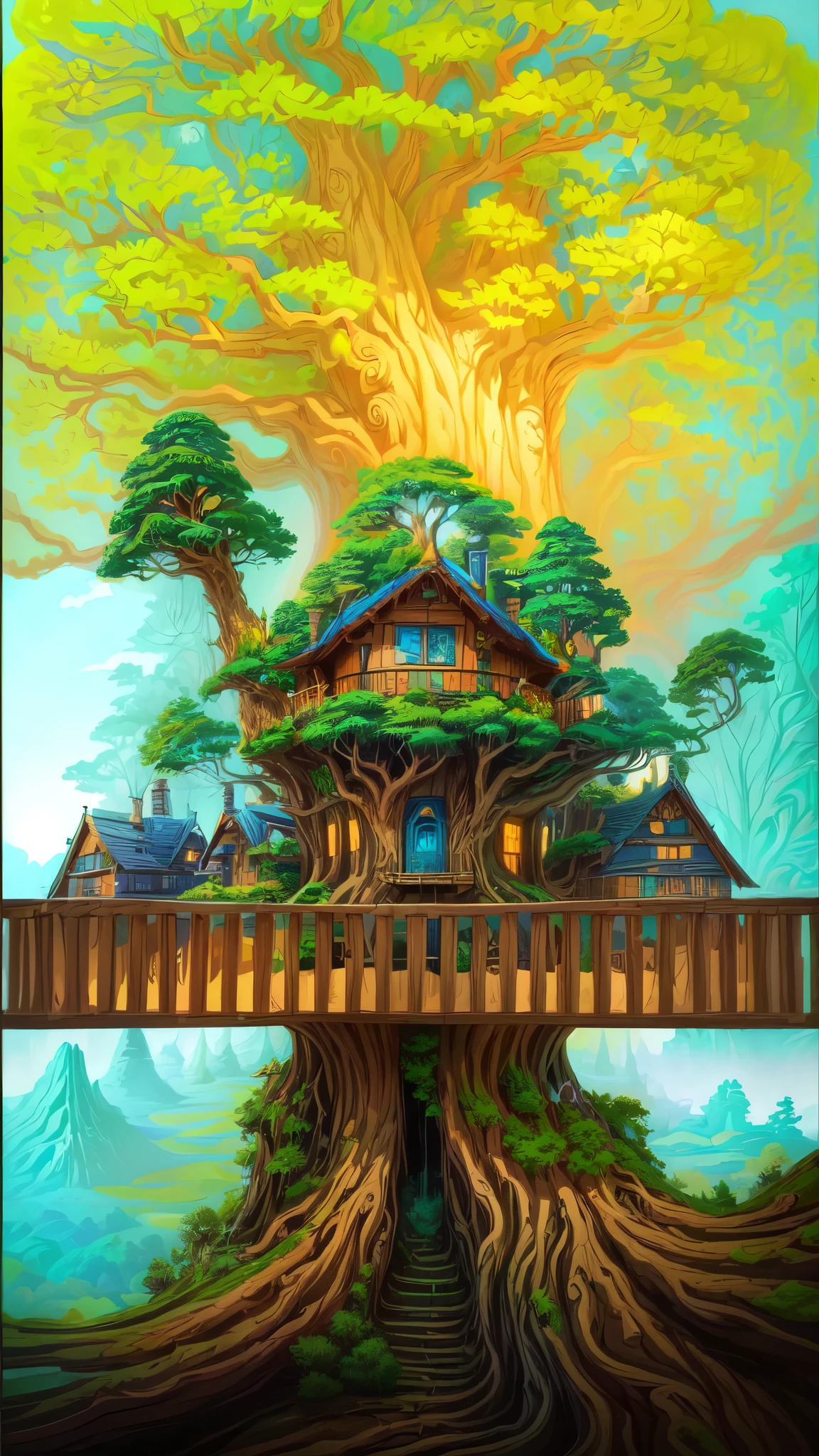 bright, (((cartoon style))), on a large green tree in the middle there is a wooden house with a balcony, fantastic (background), fantasy art, forest, blue sky,
massive and tall tree trunk, magical landscape, fantasy, no human, illustration for children, fantasy art, masterpiece, detailed, intricate, 4k, art