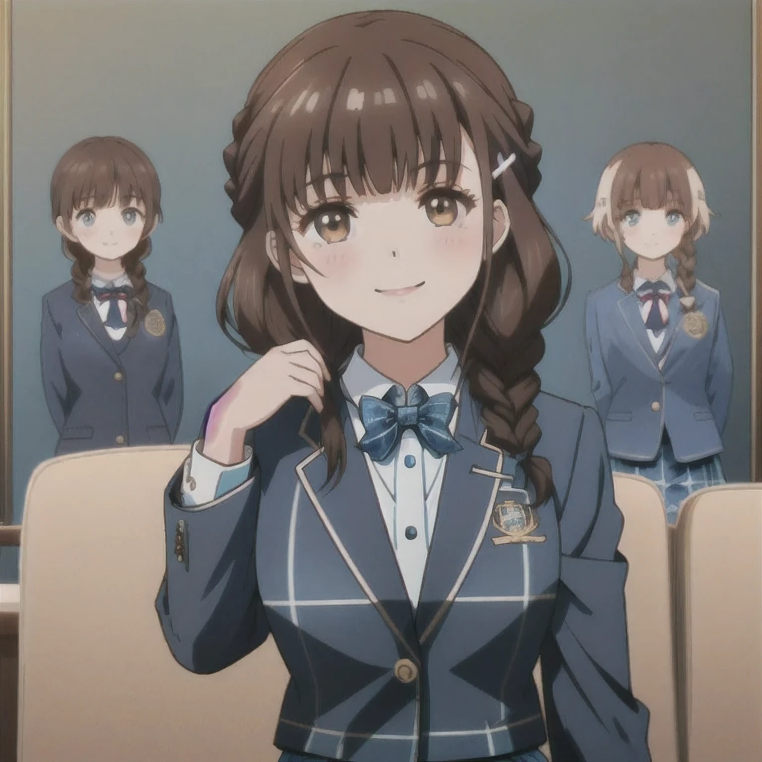 highest quality, (masterpiece:1.2), very detailed,A beautiful girl with a bright and cheerful atmosphere, Only one beautiful girl sitting、Looking at the viewer and smiling, glossy lips, nice smile, big brown eyes, (((dark brown hair))), , big shiny hair clip, , ((((Green school blazer with emblem))), ((A large Japanese-style school ribbon with a large navy blue stripe on the chest.)), very shiny hair、The corners of the eyes are drooping,(white and transparent skin), (((Tightly braided brown hairstyle))), ((((Green & Navy color tartan check middle long skirt)))), ((A gentle and cute expression staring at the viewer)), double eyelid, ((long eyelashes)), the skirt is very cute, ((Appeal to viewers))