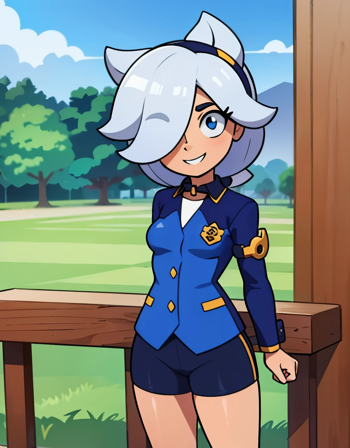 Colegial, cabelo azul, seios pequenos, (quadris largos: 1,2), standing, sorriso, uniforme escolar, minissaia azul, hands on sides, olhando para o observador, fora, Near the tree, arms behind the back, (estrada: 0,6), pov, olhando para o espectador, olhando para o espectador, olhos perfeitos, olhos amarelos, flor de cerejeira