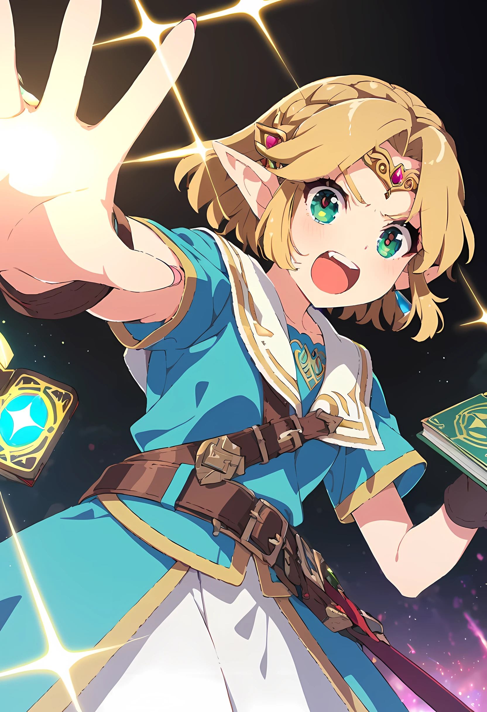 princess zelda, 1 girl, artist request, belt, blonde hair, blue shirt, Book, boots, poker face, whole body, green eyes, High resolution, looking at the audience, magic, Nintendo, Pants, pointed ears, shirt, short hair, Simple background, alone, The Legend of Zelda, The Legend of Zelda: Wild breath, The Legend of Zelda: kingdom of tears, flower made of light, magic