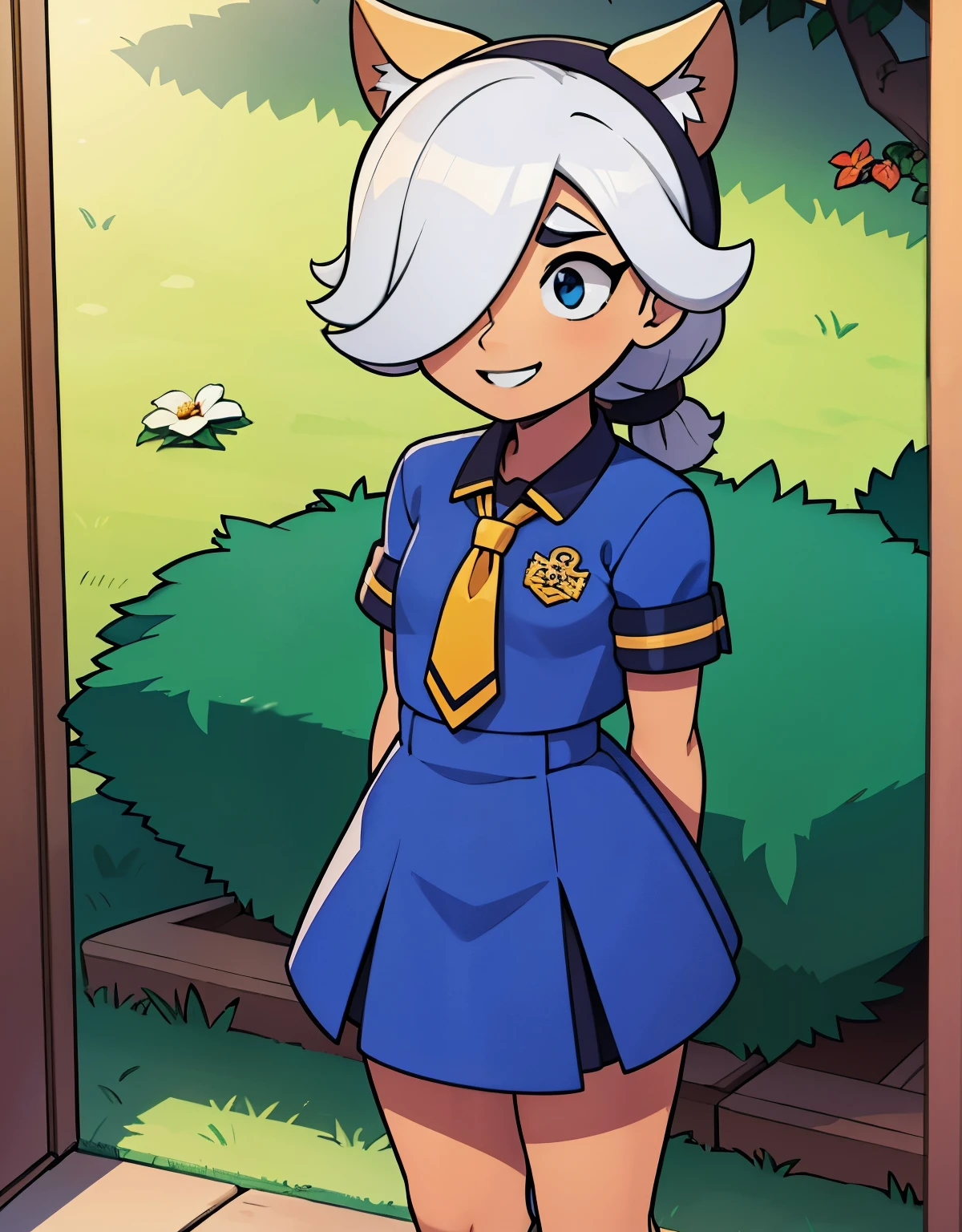 Colegial, cabelo azul, seios pequenos, (quadris largos: 1,2), standing, sorriso, uniforme escolar, minissaia azul, hands on sides, olhando para o observador, fora, Near the tree, arms behind the back, (estrada: 0,6), pov, olhando para o espectador, olhando para o espectador, olhos perfeitos, olhos amarelos, flor de cerejeira