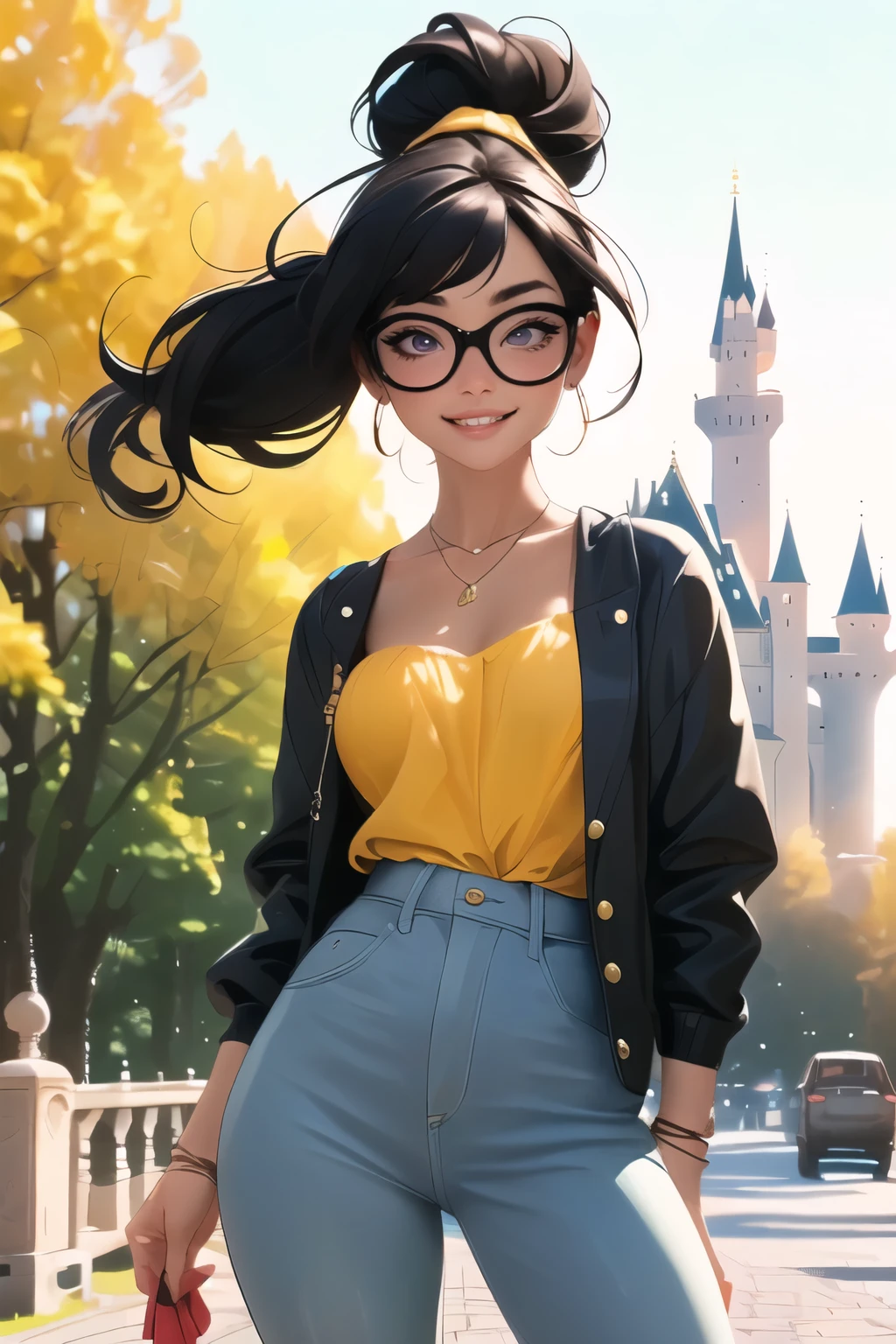 ((wide angle shot)) beautiful female tourist, black hair tied in a ponytail, bangs, wearing large glasses, smiling at the corners of the mouth, ((wearing Minimal dressing style)) morning light, Neuschwanstein Castle, country Germany