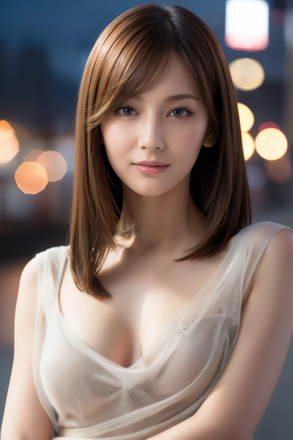 one 19 year old girl, (Light gray V-neck sheer knit dress), (cleavage), Raw photo, highest quality, photorealistic, very delicate and beautiful, very detailed, 8K wallpaper, High resolution, soft light, very detailed目と顔, beautifully detailed nose, detailed and beautiful eyes, cinematic lighting, night city lights, perfect anatomy, slender body, well-shaped chest, (straight hair), (short hair), smile, asymmetrical bangs, light brown hair