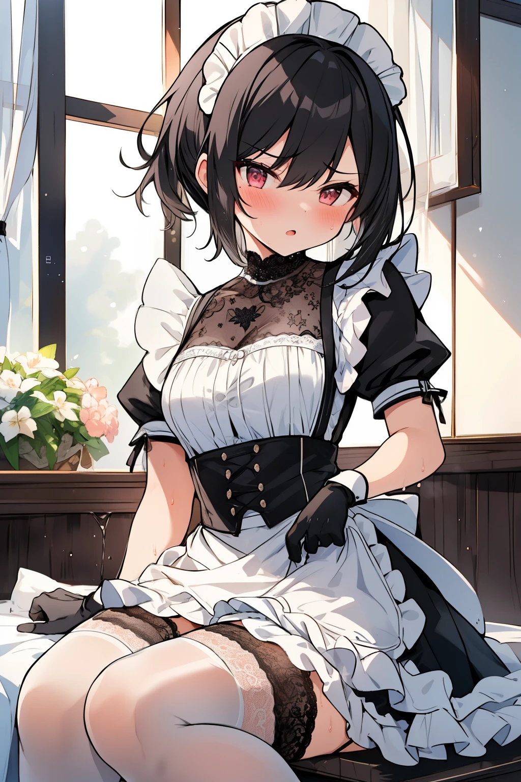 ((( masterpiece, Highest quality))), ((girl)),、Browsing Caution、at close range:1.5、Grab your skirt、、cute、Black Hair、short hair、Low Ponytail、(Lace Maid Clothing、Gloves、garter belt/)、、Life、anger、anger look、anger、((close)), ((Blushed)),,,Sweat、Perfect lighting、Natural light、Perfect composition、Luxurious Room