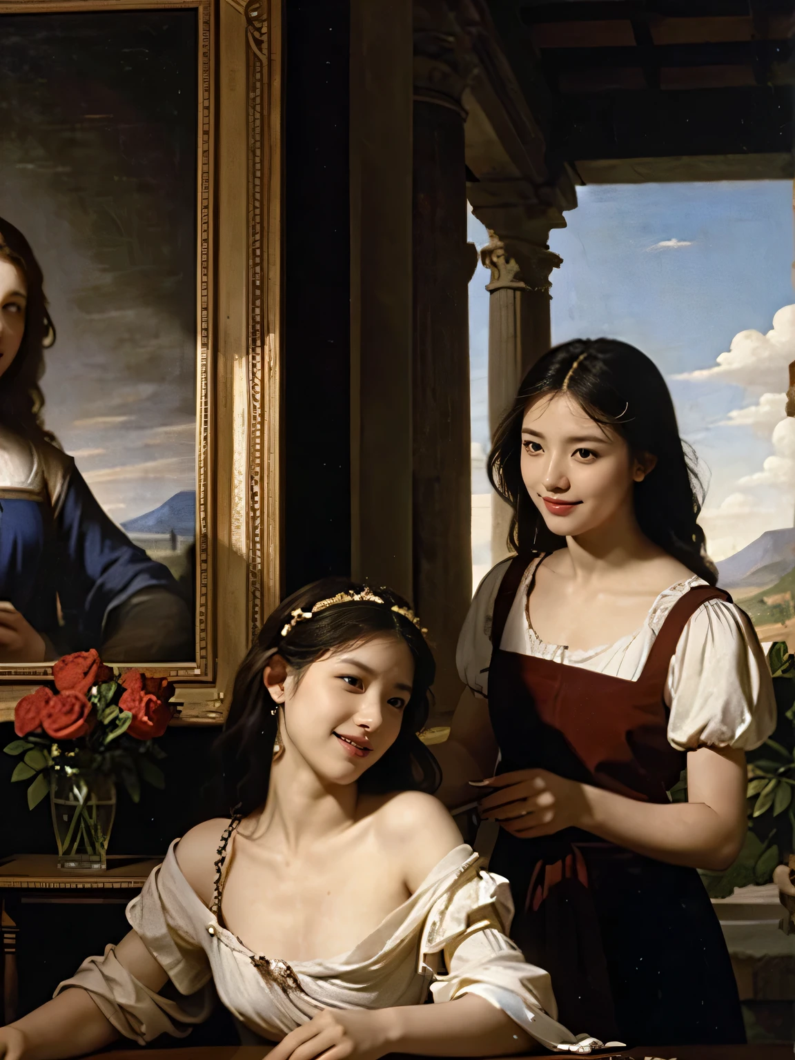 Giorgione painting style,Arguments of two female Philosophe,math、astronomical machine、astronaut、roses in vase、fruits、Cute trinkets、smile、ancient greek costume、Ancient Roman landscape in the style of Nicolas Poussin,laughter,,Sweet and seductive appearance.、Caravaggio's paintings、Chiaroscuro of Caravaggio、hair tousled by the wind,Two women frolicking,cute smile, expression of ecstasy,Sexy,erotic