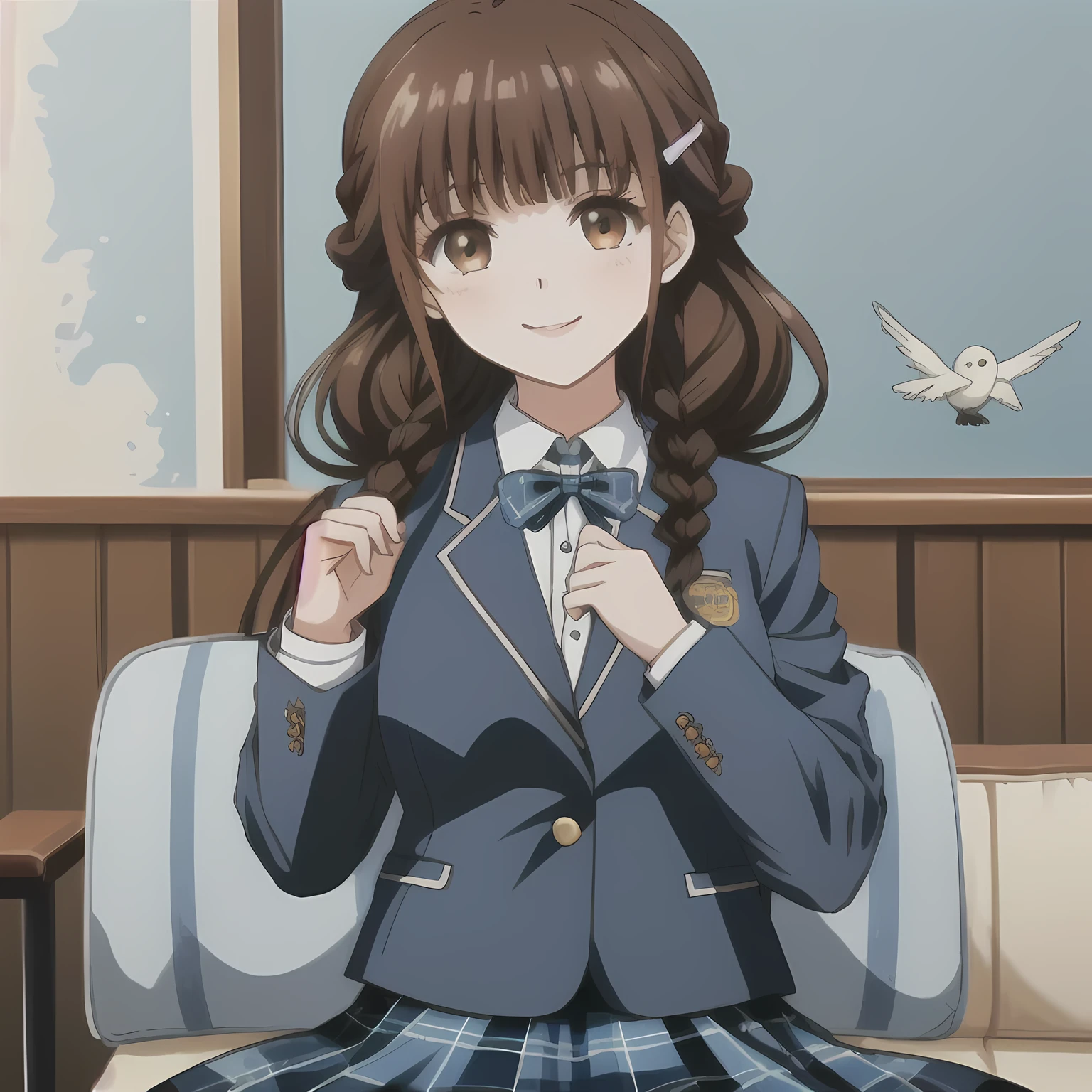highest quality, (masterpiece:1.2), very detailed,A beautiful girl with a bright and cheerful atmosphere, Only one beautiful girl sitting、Looking at the viewer and smiling, glossy lips, nice smile, big brown eyes, (((dark brown hair))), , big shiny hair clip, , ((((Green school blazer with emblem))), ((A large Japanese-style school ribbon with a large navy blue stripe on the chest.)), very shiny hair、The corners of the eyes are drooping,(white and transparent skin), (((Tightly braided brown hairstyle))), ((((Green & Navy color tartan check middle long skirt)))), ((A gentle and cute expression staring at the viewer)), double eyelid, ((long eyelashes)), the skirt is very cute, （(address the audience))