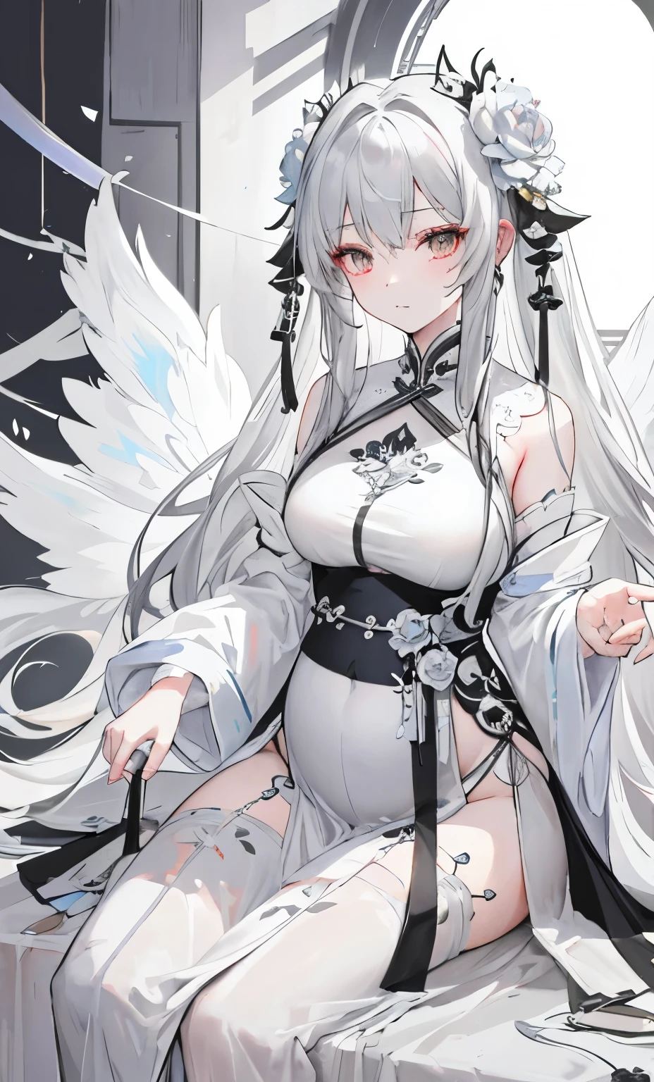 (masterpiece, best quality:1.2), female general,white hair, elegant,maid, fox ears, fox tail, squatting, paw pose, large breasts, ahegao, lewd face, spread legs, pubic tattoo, cowgirl, nipples