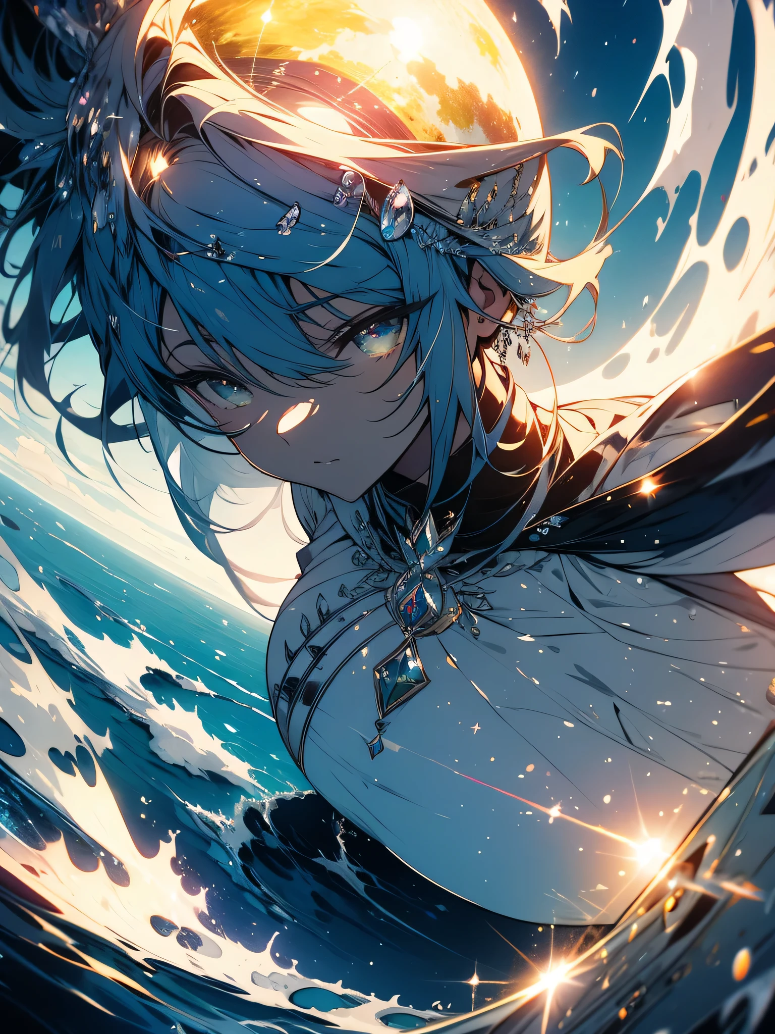 (highest quality、masterpiece、High resolution、be familiar with),(shining eyes、be familiar with美しい顔),A huge pot containing a majestic lake , 非常に高品質で非常にbe familiar withシーン , octane rendering, starry sky , dream , huge green moon , Vought of Heaven , Inspiration, imagine