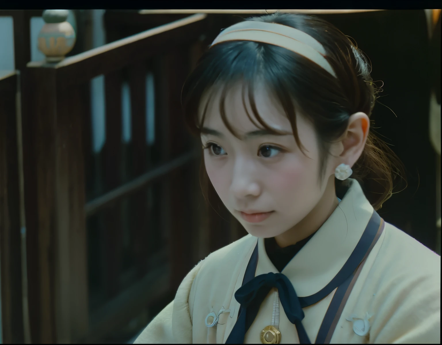 Adult japanese female wearing long-sleeved shirt. She is extremely tiny stature. Her looks like association ball. 1964. Japan, Kashihara. color slide film.