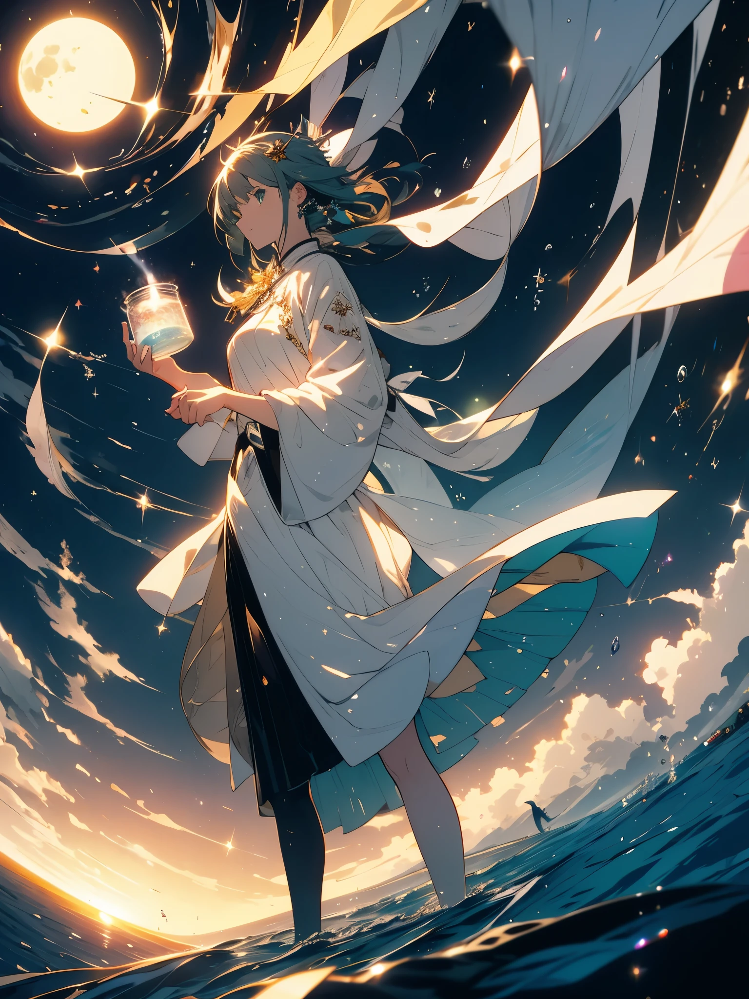 (highest quality、masterpiece、High resolution、detailed),(Shining eyes、detailed美しい顔),A huge jar containing a majestic lake , 非常に高品質で非常にdetailedシーン , octane rendering, starry sky , dream , huge green moon , Vought of Heaven , Inspiration, imagine