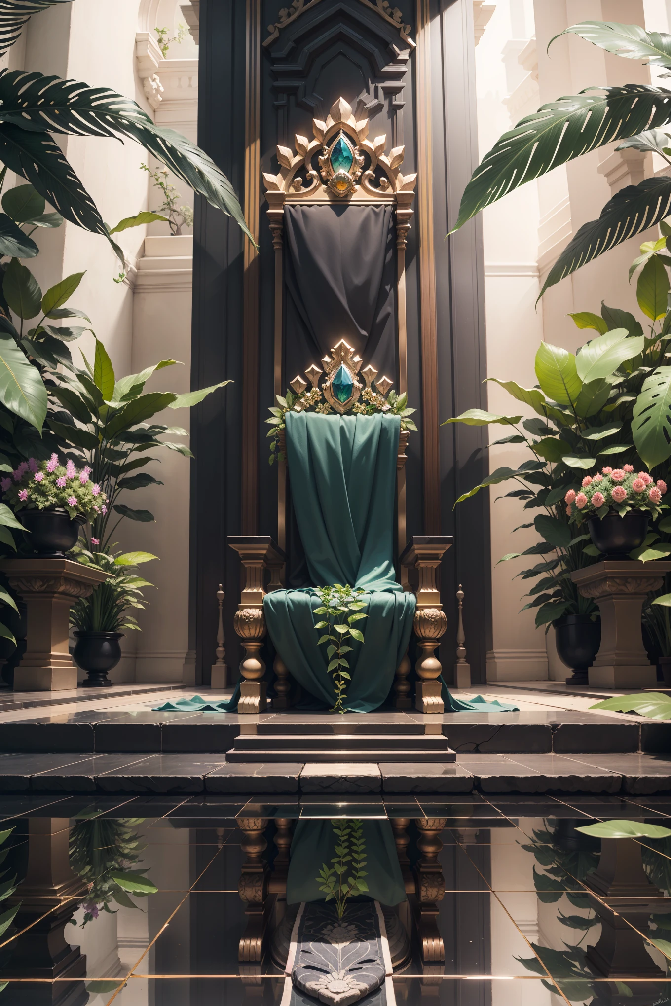 bright succulent leaves, beautiful tropical flowers, Rich colors, stone floor, (throne), nature, luxury, complex parts, no people
