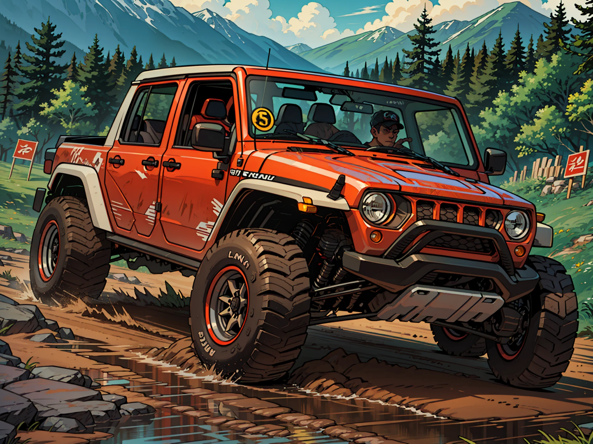 best quality,Comic style 1.5: An off-road racing jeep，Across a muddy track。The lines are rough。Logo style。thick lines，Vector。