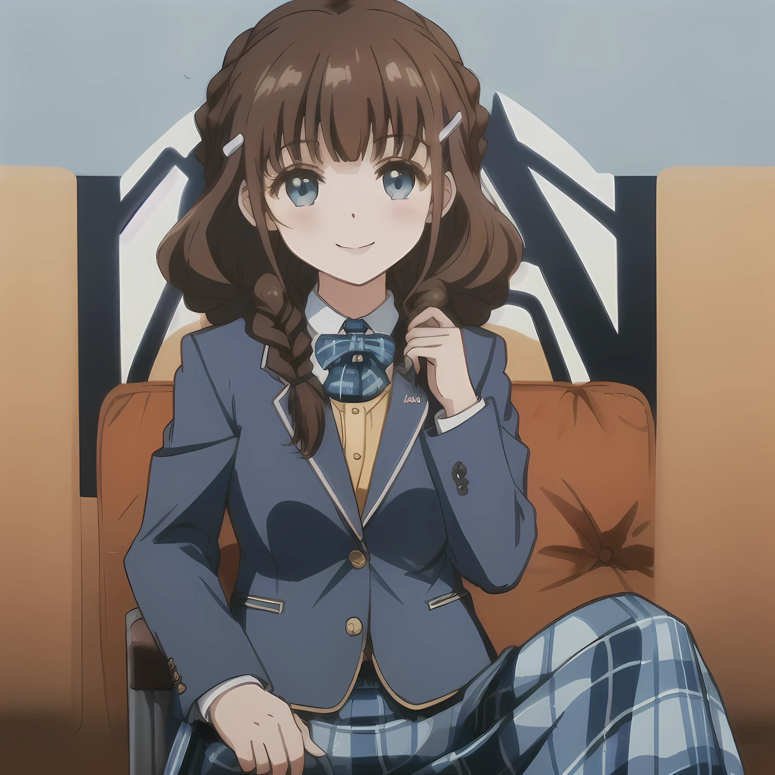 highest quality, (masterpiece:1.2), very detailed,A beautiful girl with a bright and cheerful atmosphere, Only one beautiful girl sitting、Looking at the viewer and smiling, glossy lips, nice smile, big brown eyes, (((dark brown hair))), , big shiny hair clip, , ((((Green school blazer with emblem))), ((A large Japanese-style school ribbon with a large navy blue stripe on the chest.)), very shiny hair、The corners of the eyes are drooping,(white and transparent skin), (((Tightly braided brown hairstyle))), ((((Green & Navy color tartan check middle long skirt)))), ((A gentle and cute expression staring at the viewer)), double eyelid, ((long eyelashes)), ((the skirt is very cute)), （(address the audience))