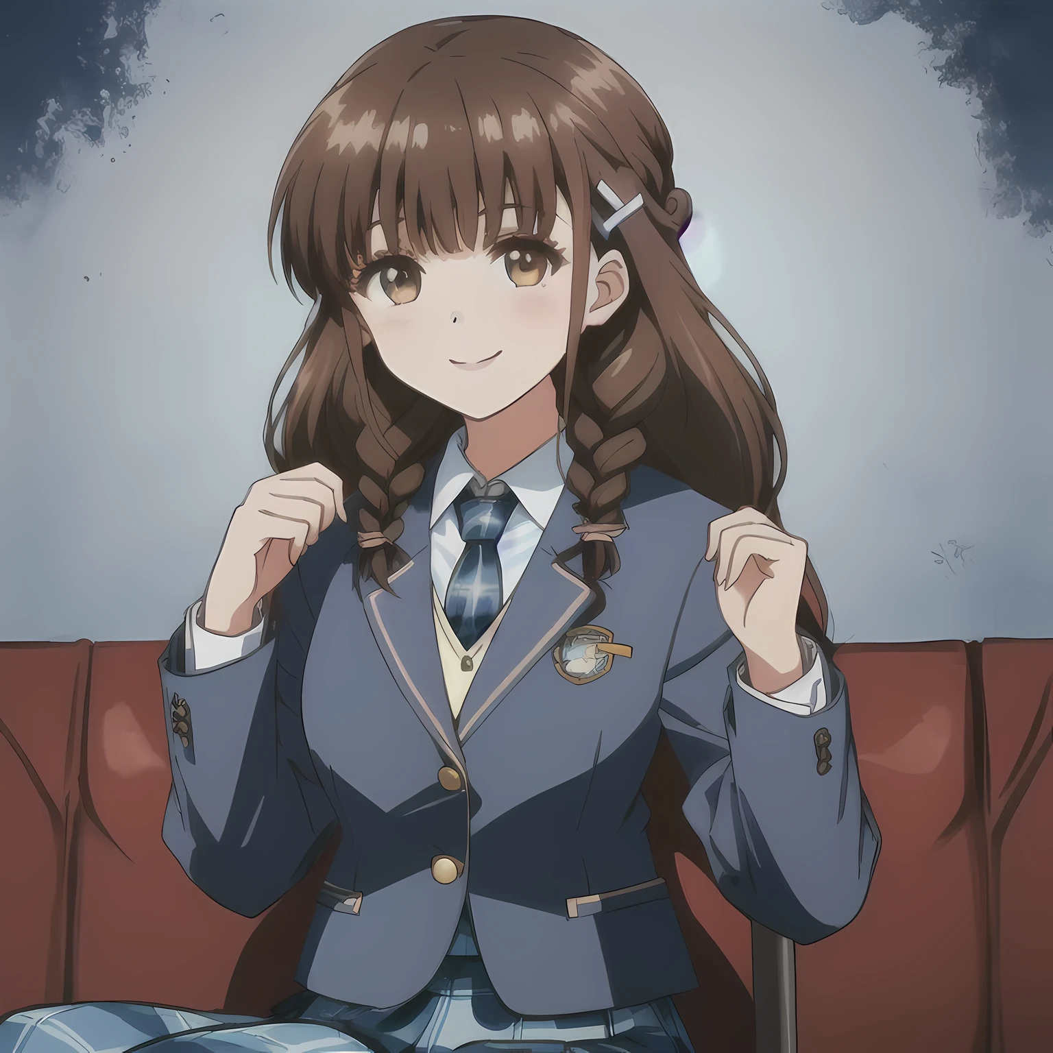 highest quality, (masterpiece:1.2), very detailed,A beautiful girl with a bright and cheerful atmosphere, Only one beautiful girl sitting、Looking at the viewer and smiling, glossy lips, nice smile, big brown eyes, (((dark brown hair))), 15 years old, big shiny hair clip, , ((((Green school blazer with emblem))), ((A large Japanese-style school ribbon with a large navy blue stripe on the chest.)), very shiny hair、The corners of the eyes are drooping,(white and transparent skin), (((Tightly braided brown hairstyle))), ((((Green & Navy color tartan check middle long skirt)))), ((A gentle and cute expression staring at the viewer)), double eyelid, ((long eyelashes)), ((the skirt is very cute)), （(address the audience))