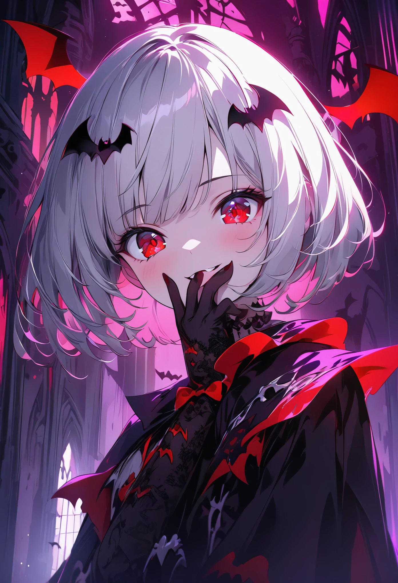 (masterpiece:1.3), (8K、best quality:1.3), (1 girl), (solo), (cute, little:1.3), (very cute face:1.3), (Beautiful face with perfect symmetry), (perfect anatomy), (high detail skin), Rendering of anime girls, beautiful silver hair bob cut, intense red eyes, strong eye highlights, (gothic fashion), (Vampire Dracula), (gothic architecture), (Vampire girl standing in the center of the hall), (Bats are flying around the girl), bat-shaped accessories, smiling, cover your mouth with your hand, upper body close-up, volume lighting, soft light, bright, neon, bright色, , Create digital artwork in pop art style