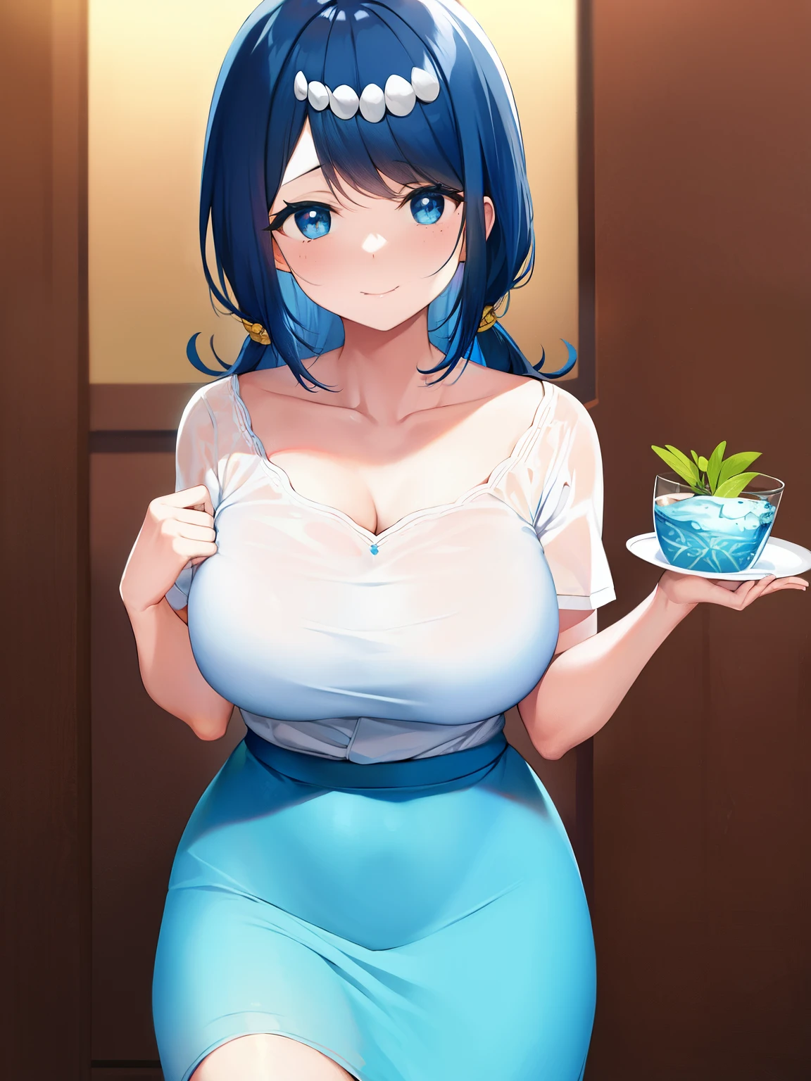pokémo、big ???? milf、big ???? milf、big  milf、water lily mom、Water lily and water lily&Sui's guardian、Deliver ingredients to Aina Shokudo、blue eyes、black hairs 、freckles、hair ornaments、long hair、flowing bangs、(Pupil 1.5)、BREAK blouse、Blue Skirt、bracelet、clavicle、dress、gem、long skirt、shirt、short sleeve、skirt、White shirt、BREAK Viewer、The hairstyle is a single knot.、The tied part looks like a ship's anchor.。whole body、(cowboy shot:1.5)、BREAK indoor、BREAK (master piece:1.2)、highest quality、???? curves, clevage exposing